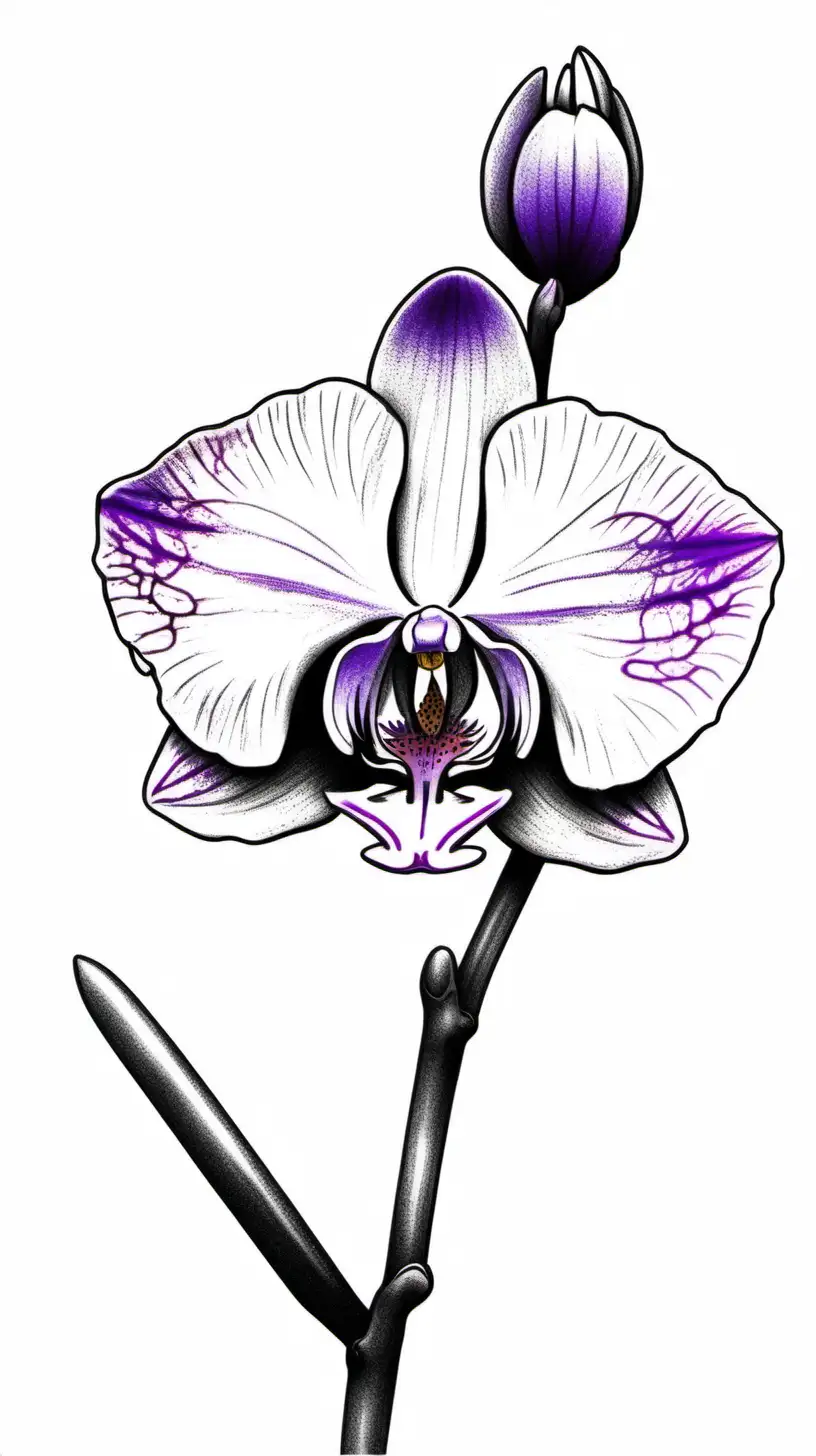 /imagine prompt :
[flower tattoo design]
[white background]
[tattoo flash]
[pencil drawing]
A narrow branch ,Colorful realistic orchid flower at the top ,  black and white pencil drawing narrow branches in a minimal style , with a traditional  slime design

