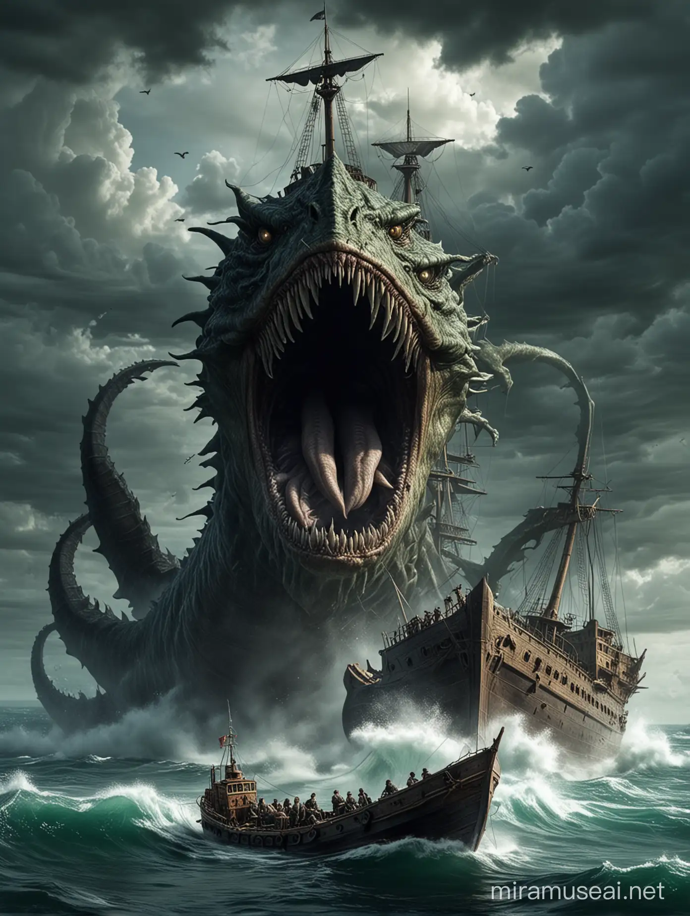 Gargantuan Sea Monster Devouring Ship in Furious Waters