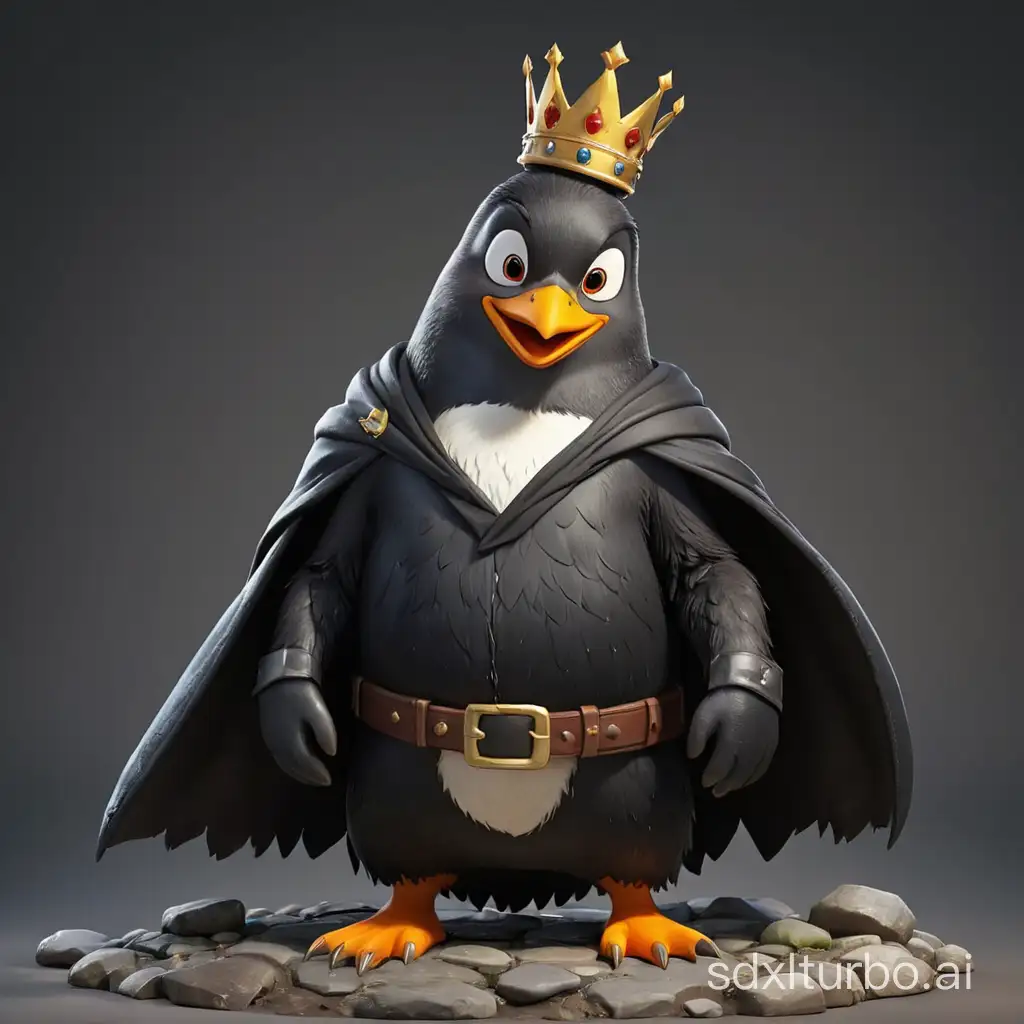 penguin duke black in a mantle, a crown on his head, a game character, standing at full height , funny, no background