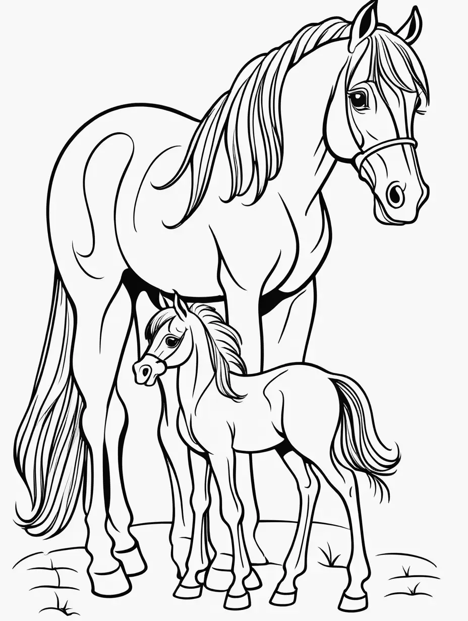 Coloring book, cartoon drawing, clean black and white, single line mom and baby horse


