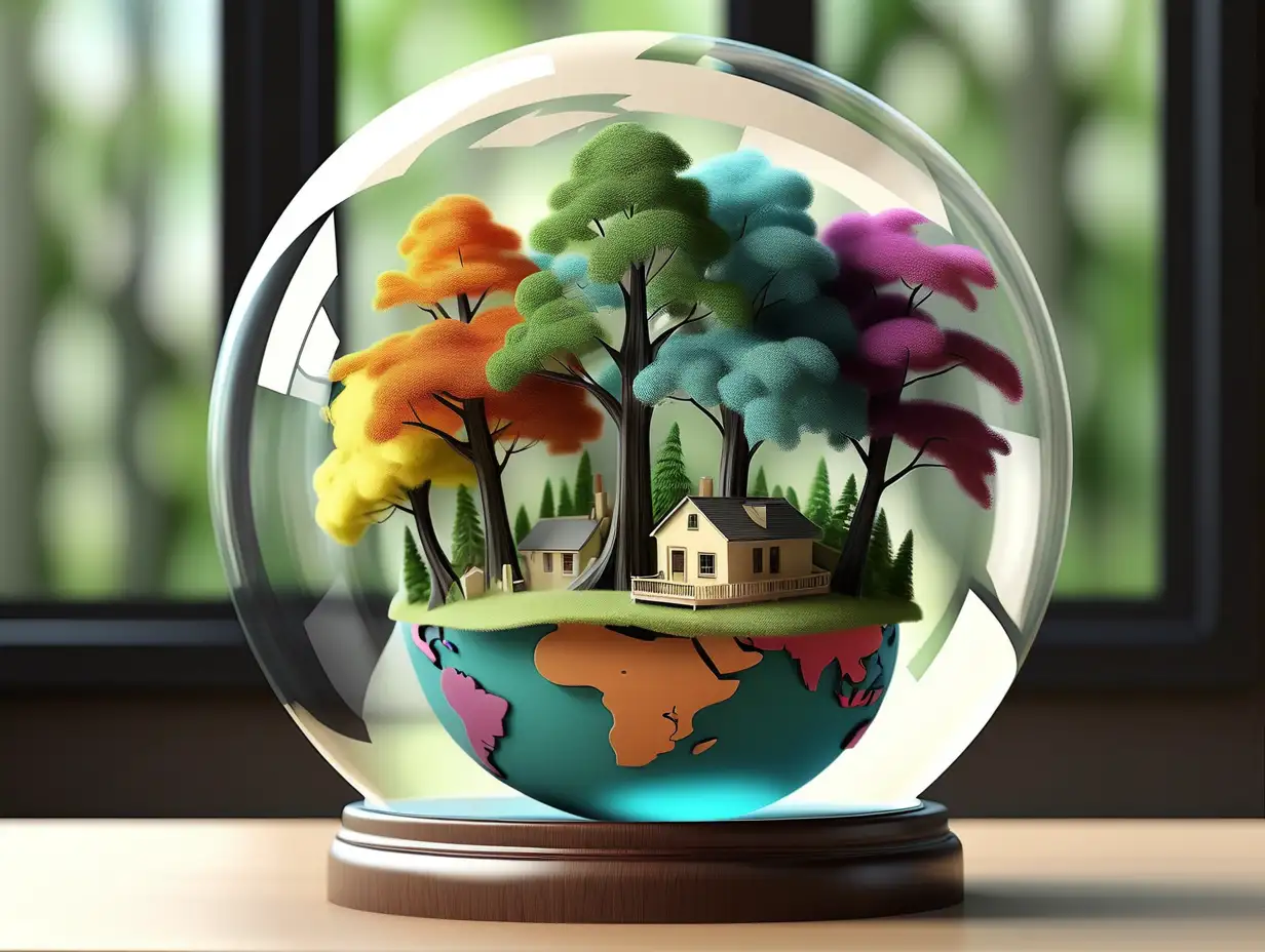 create a world bursting out a glass globe that is full of nature, exercise, leisure activities and joy. This should be full of vibrant, natural colour and in a modern 3D style