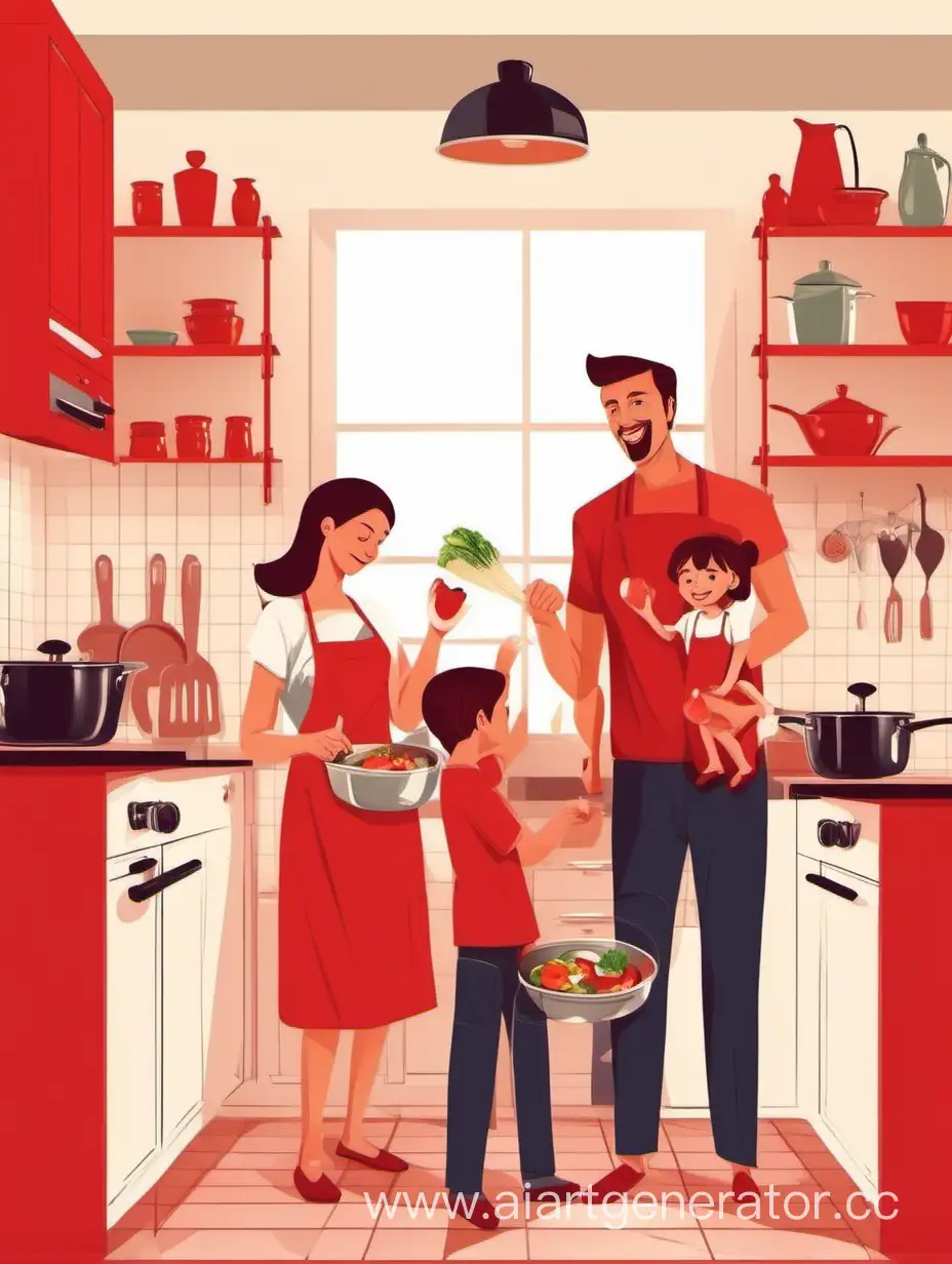 happy family preparing dinner in the kitchen. mom, dad, son and daughter. red kitchen set.