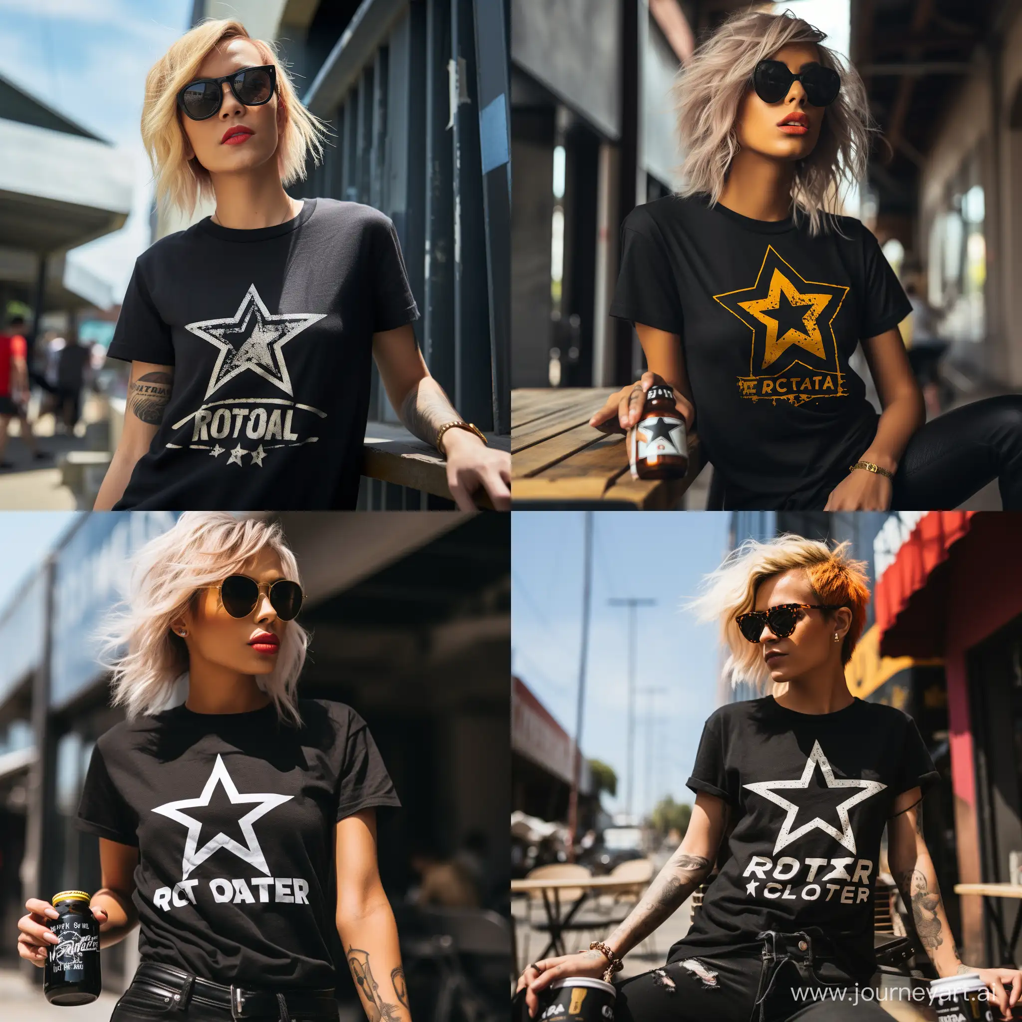 Female wearing black rockstar energy drink t-shirt with large prominent logo, illustration 