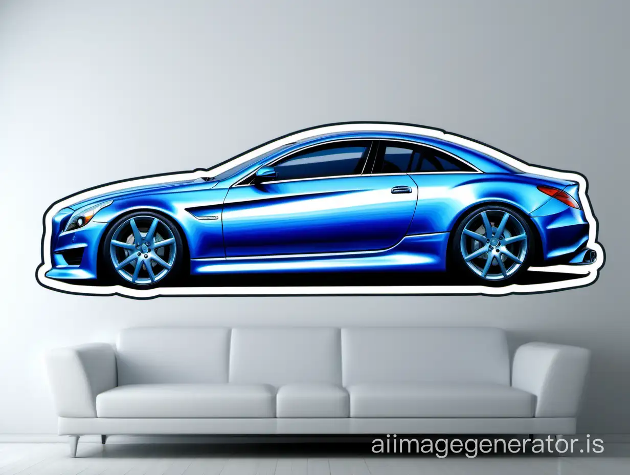 A beautiful, horizontally stretched sticker with a black outline, featuring the conceptual design of a modern and very beautiful blue metallic chromatic glossy body car with hyperrealism oil painting techniques, light and shadow, on a white background. A suitable sticker for use in car exhibitions and stores.