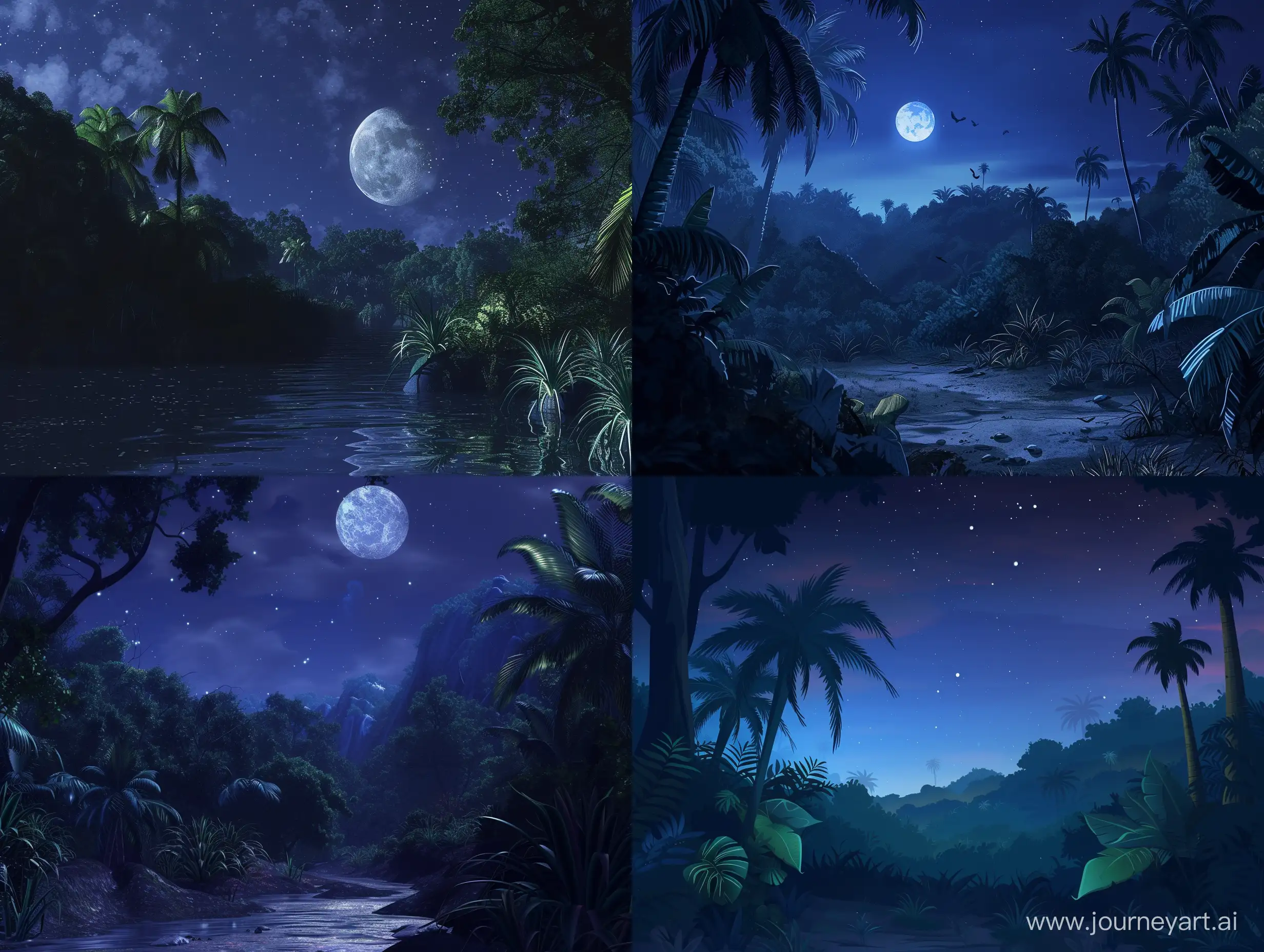 Night time scene on a jungle planet