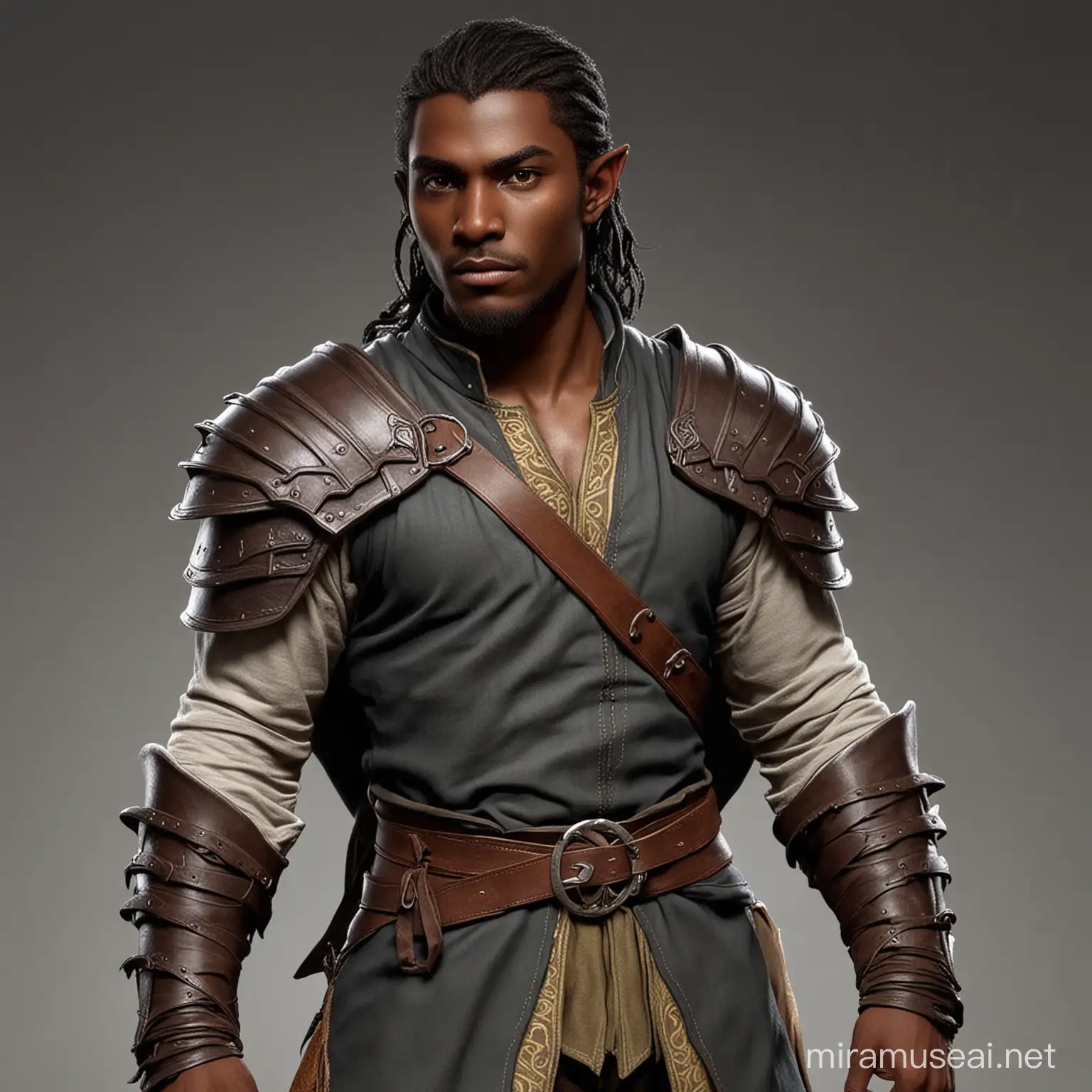 Half-elf, fighter, dark skinned, male.
