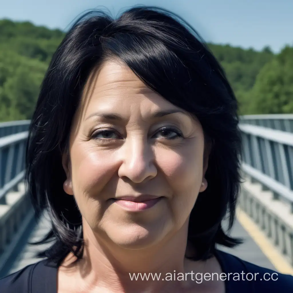 50 year old woman, black hair, round face, round nose, average weight, on a bridge