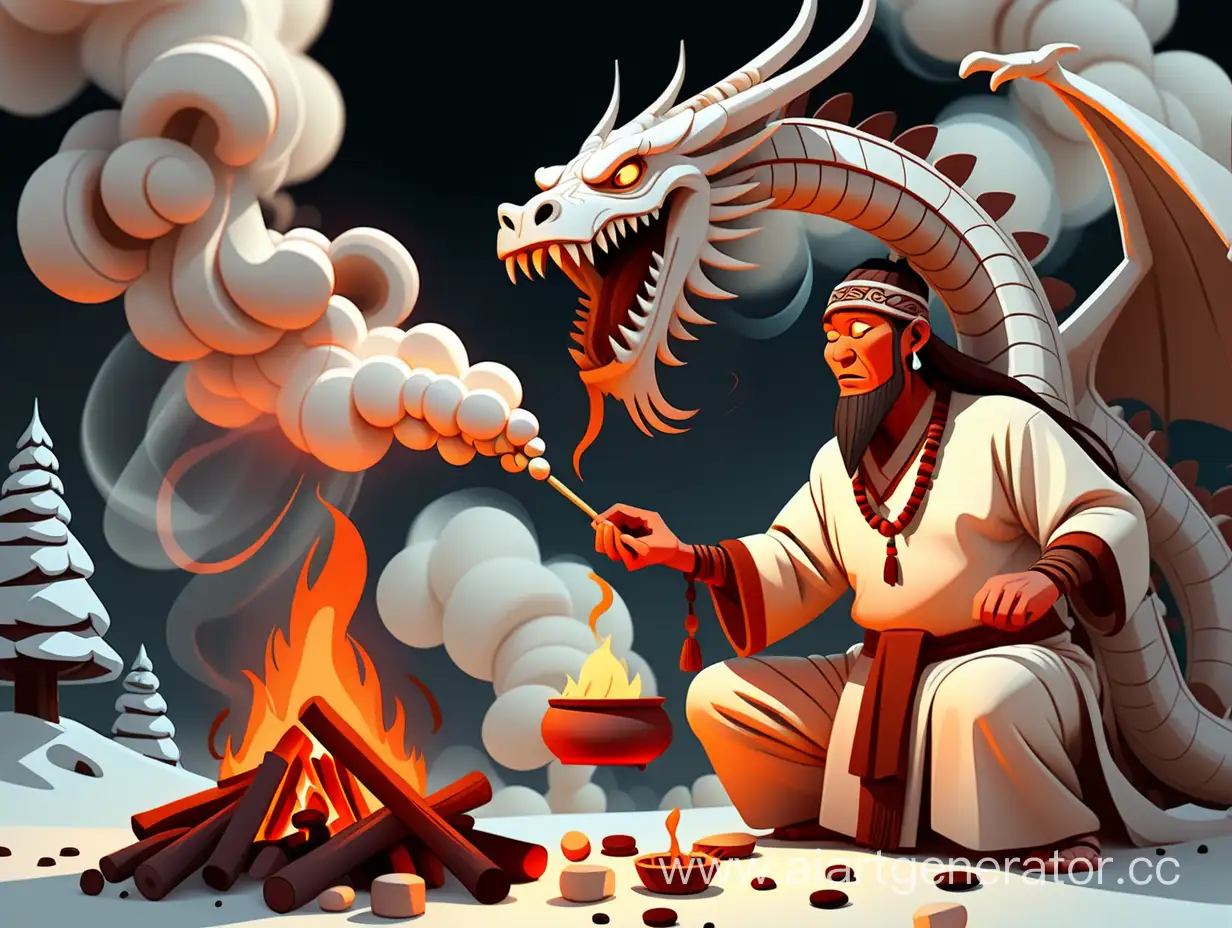 иллюстрация к мультику, где шаман зимой проводит обряд рядом с костром  делая подношения из белой еды и после появляется дух дракона из дыма и пролетает в небо