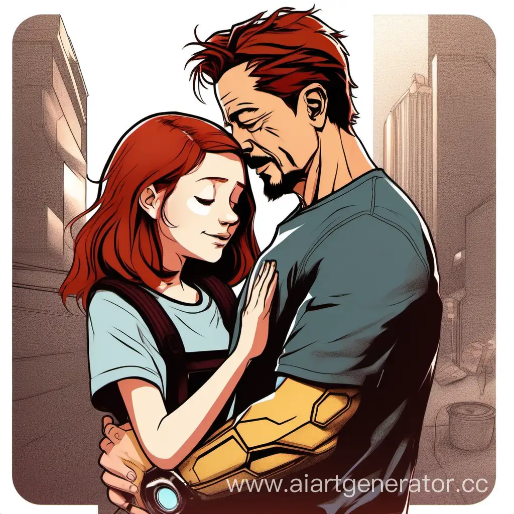 Fred Weasley hugs a dark red-haired girl with short hair in headphones and in a t-shirt which depicts Tony Stark