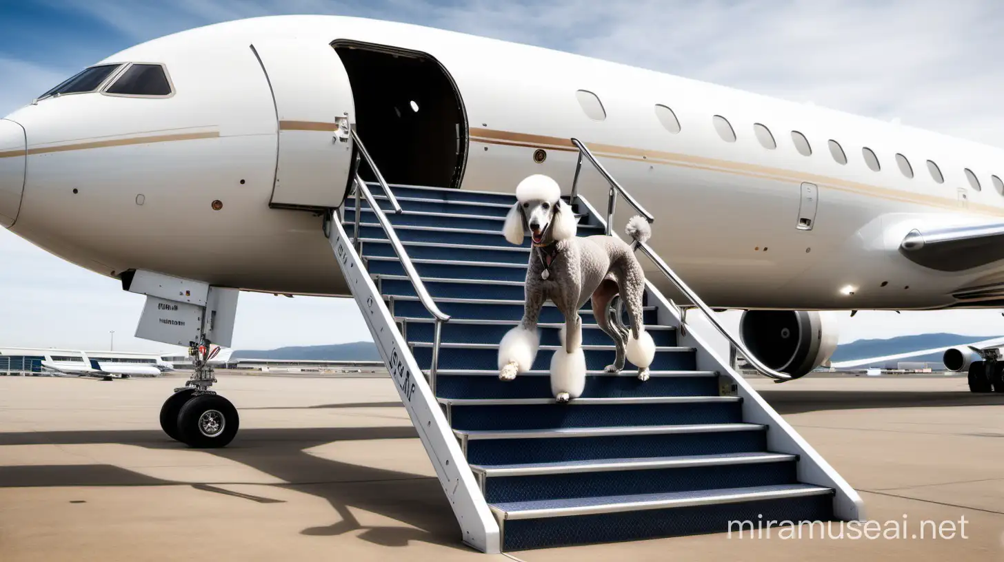 2 dogs: a giant poodle and a grey greyhound walking up the boarding stairs of a boeing 777 private jet. the plane is at the airport

