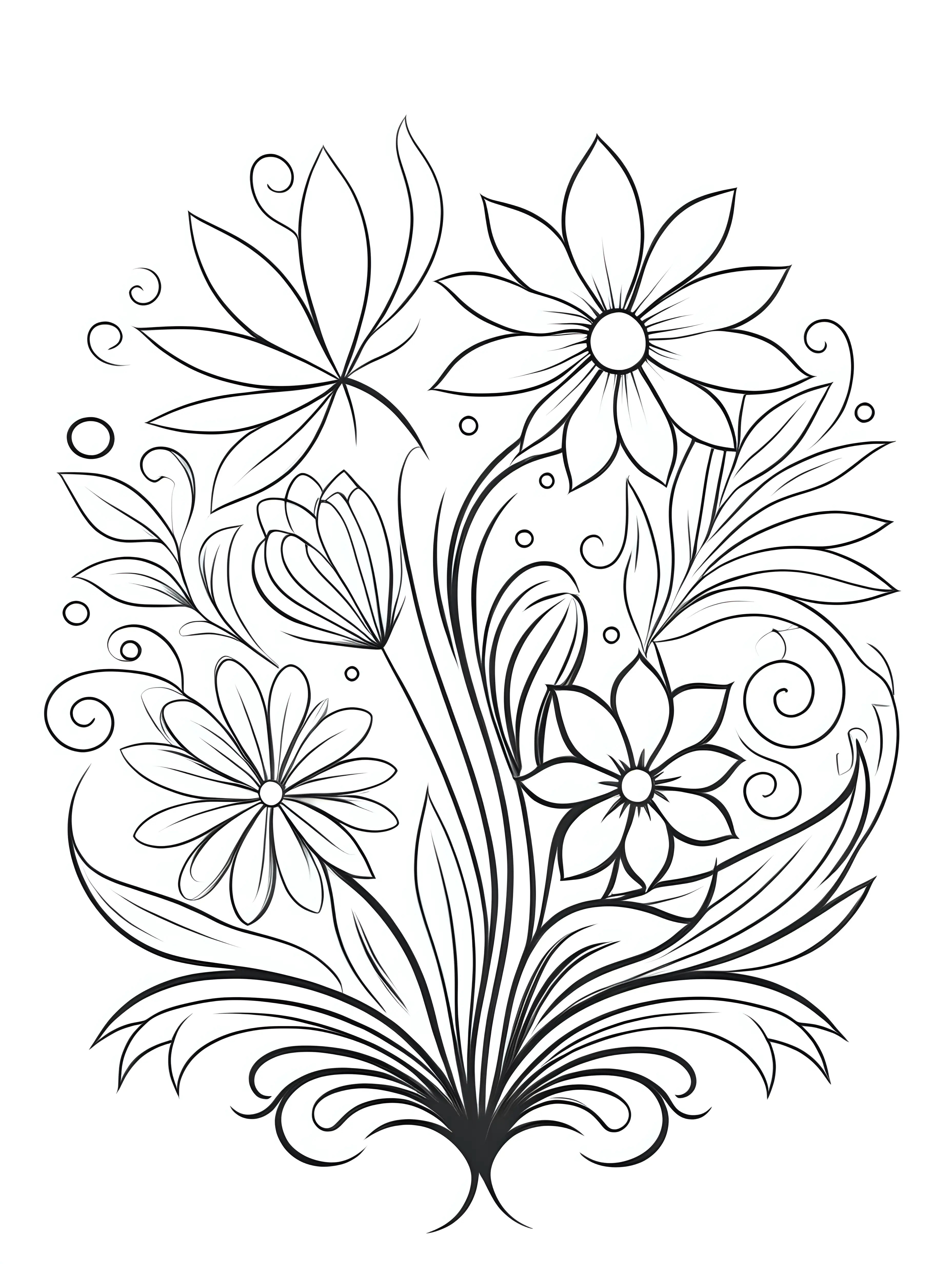 minimalist coloring page, artistic shapes and floral, black and white, white background, no shading, simple design, digital art