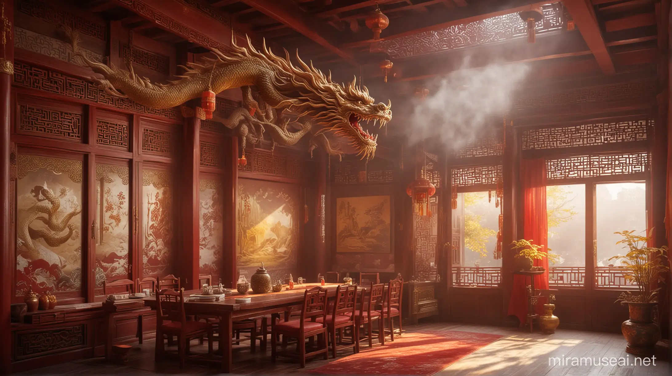 chinese interior, ancient chinese house, fantasy decorations, maroon, red, gold, yellow, white. dragon, mist, 