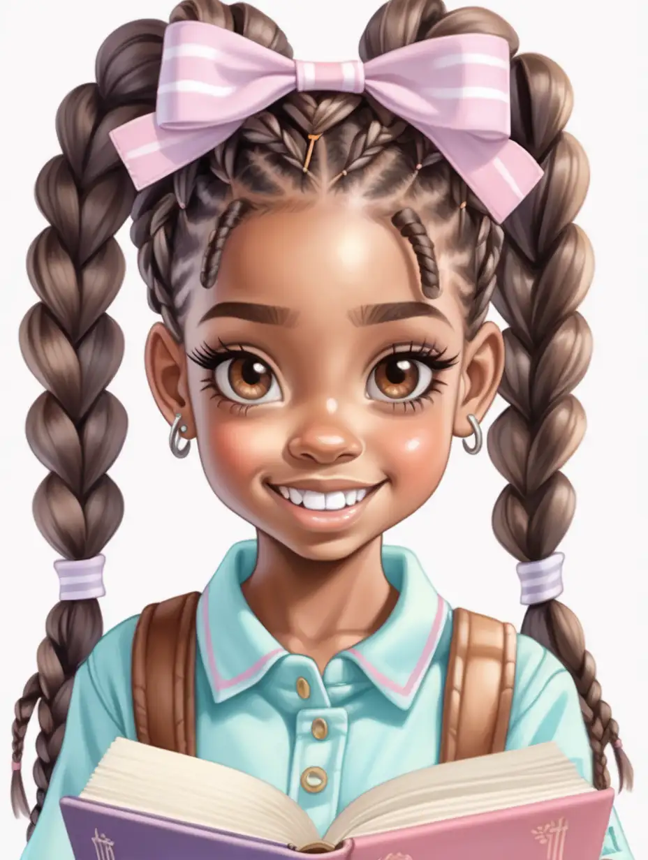 Kawakii African American Girl braided dread locks pastel bows, long lashes , brown eyes and white teeth holding a Journal books, Pastel colors
