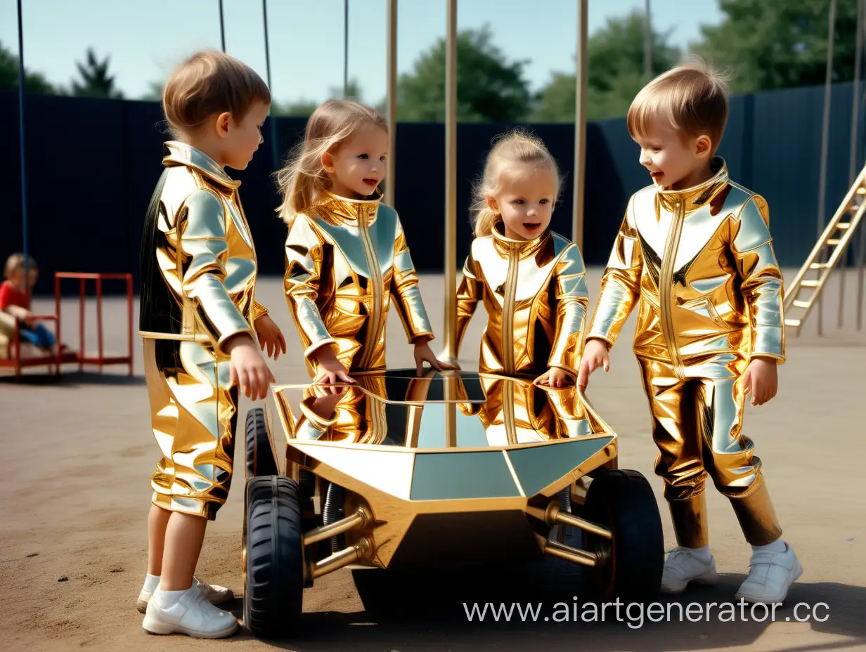 children in gold mirrored clothes on the playground on the lunar rover