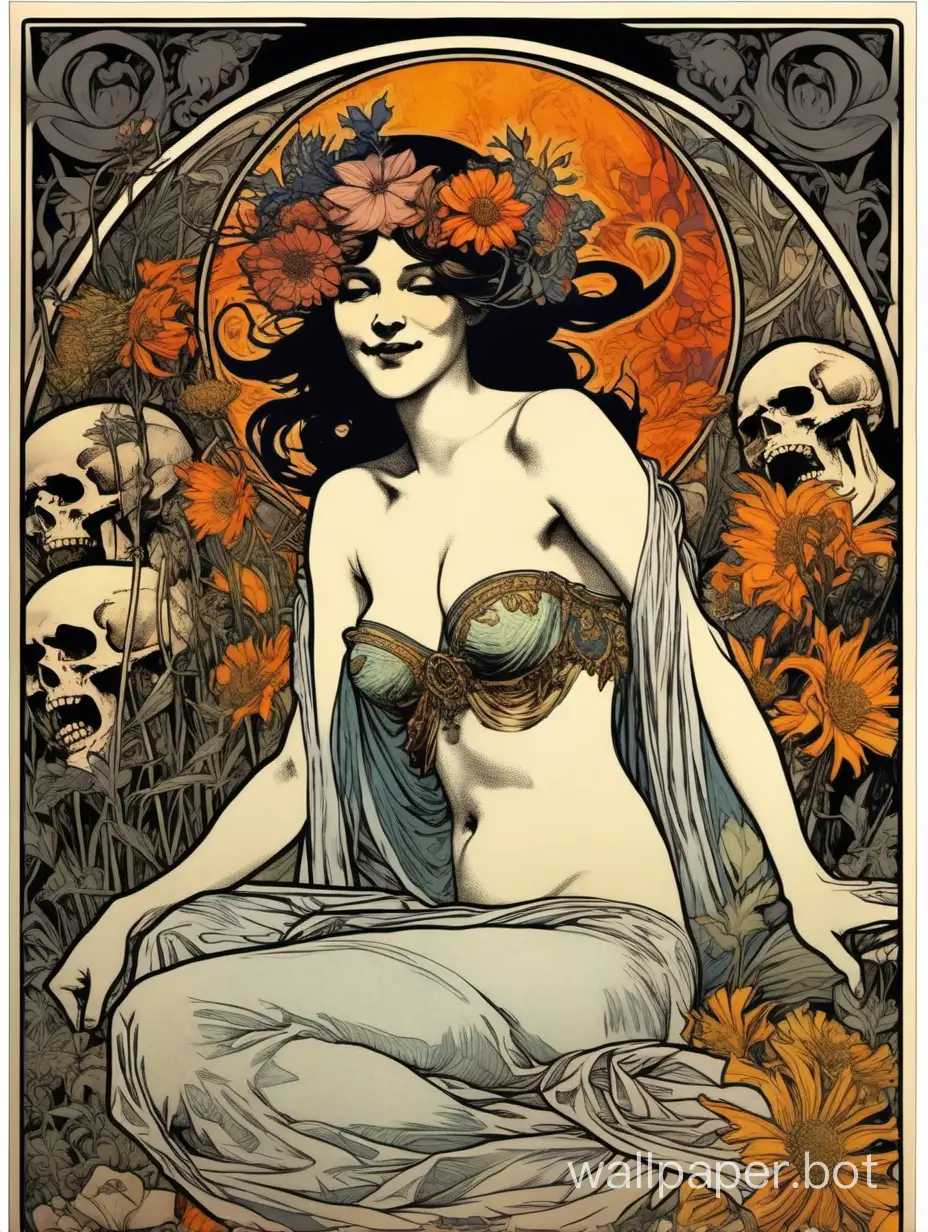 Laughing-Odalisque-with-Skull-Face-in-Alphonse-Mucha-Style-Amidst-Wildflowers-and-Explosive-Fire
