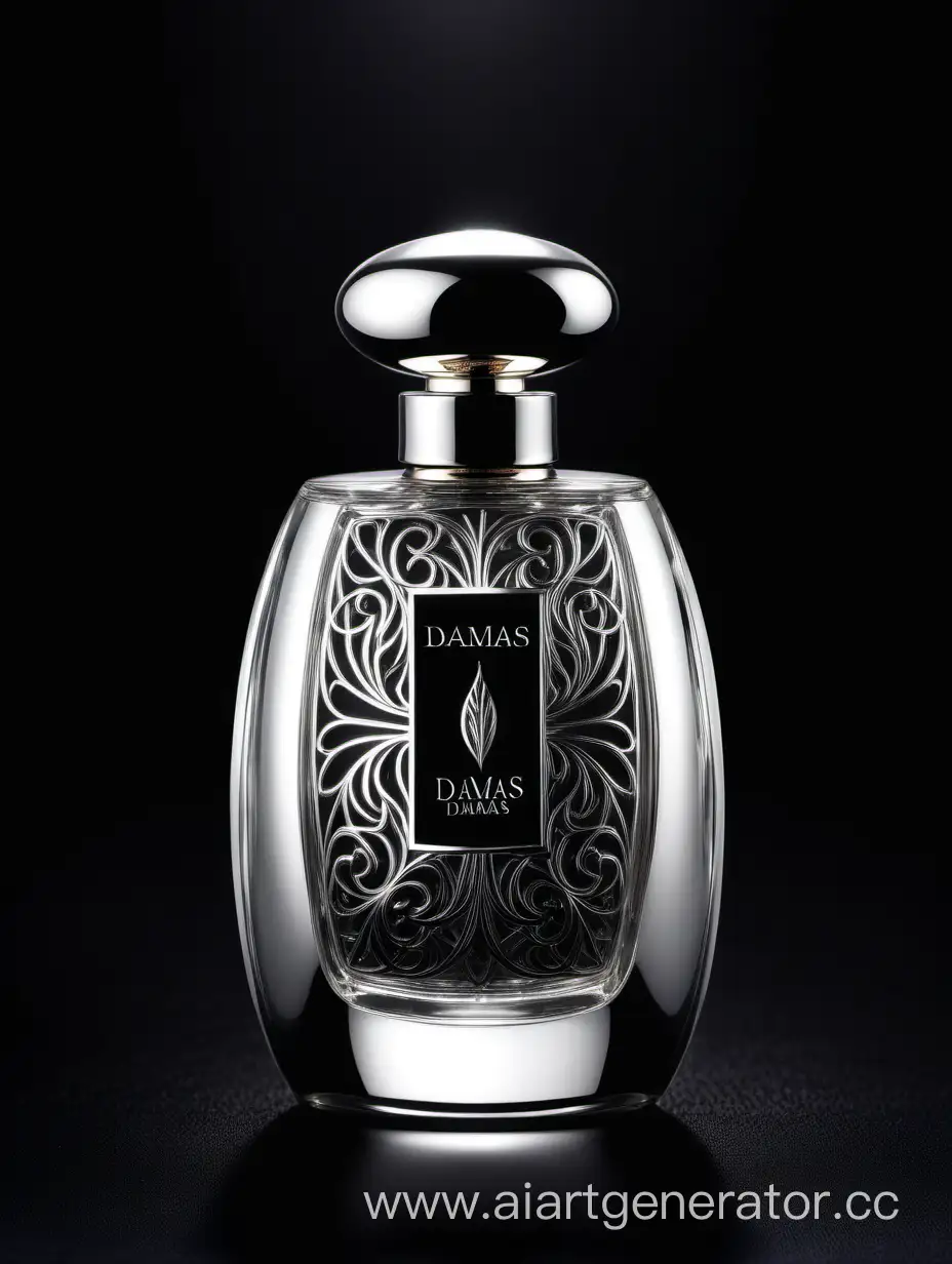 Luxurious-Silver-and-Dark-Matt-Black-Perfume-with-Intricate-3D-Details-on-Black-Background-and-Elegant-Damas-Text-Logo
