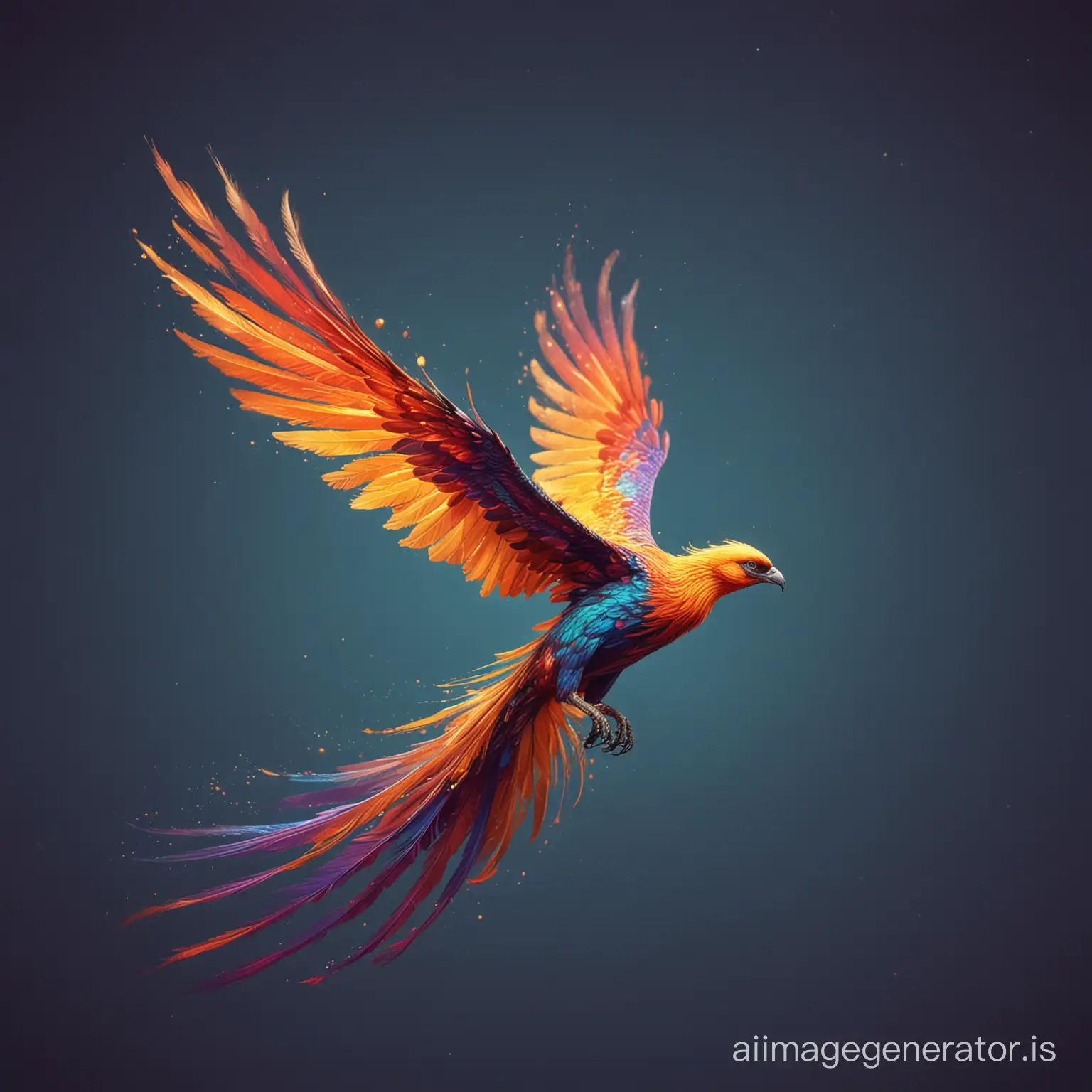 phoenix flying. beautiful colorful slim long slightly side view