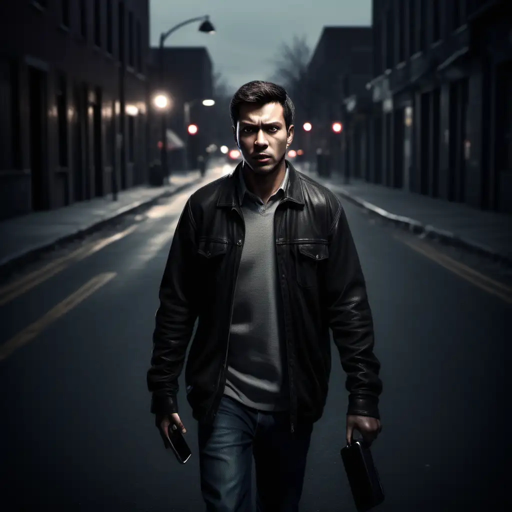 Generate a hyper-realistic image of a man who is walking straight towards the camera with a cellphone in hand, and his face must be facing the camera, prominently lit up. He must have a tough and impatient expression, appearing as though he has just called a ride and is waiting impatiently while looking straight into the camera. Pay meticulous attention to details, lighting, and realism to create an image that conveys a sense of determination and impatience, with the dark and moody atmosphere providing an intense and dramatic backdrop.

