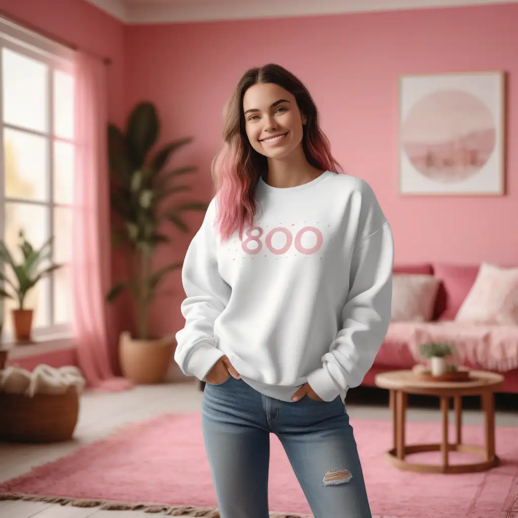 Smiling Woman in White Blank Gildan Sweatshirt at Pink Boho Living Room