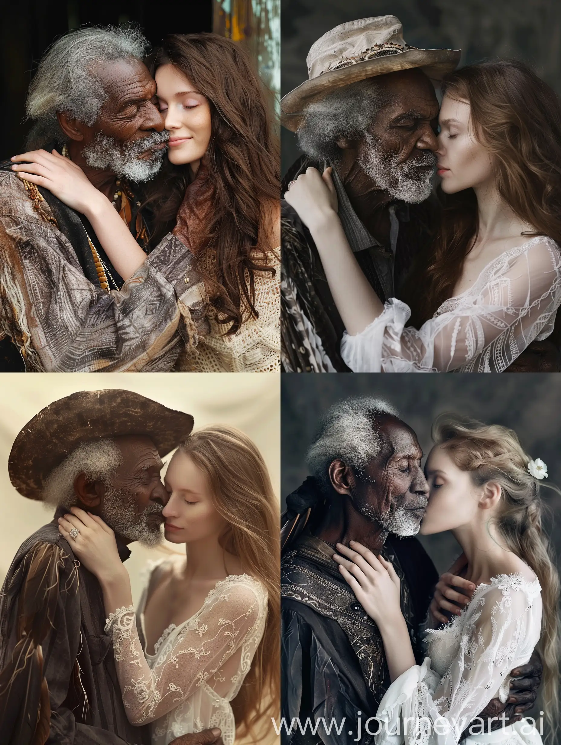 An old native black man and a beautiful young white woman, in love, kissing, hugging