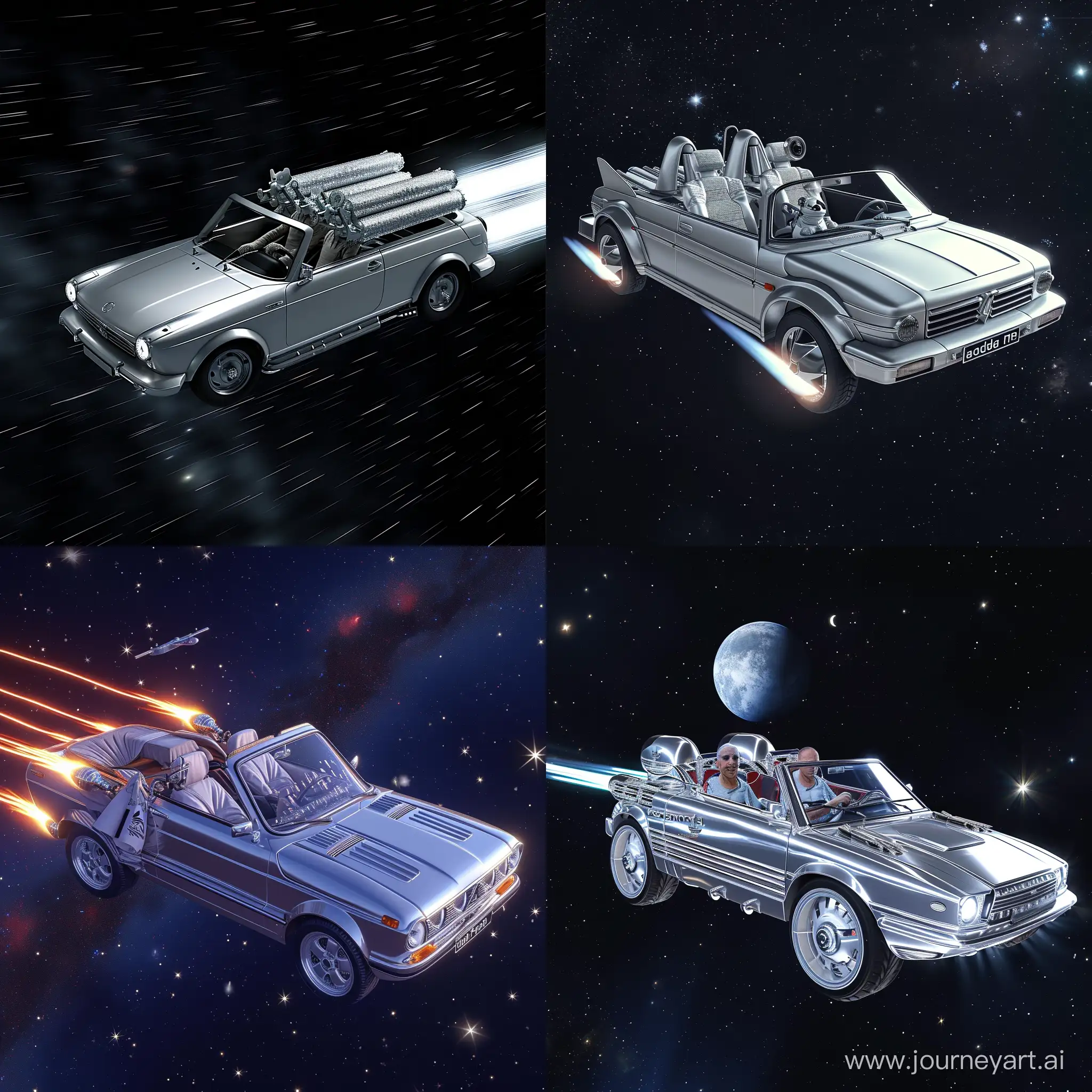 Silver lada priora cabrio with gopnik in adidas inside, with ionic thrusters, is flying in space, realistic ,hd
