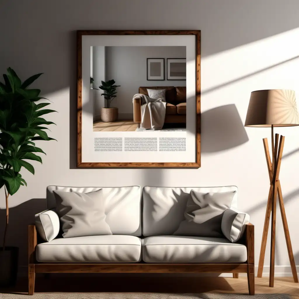 Farmhouse Style Wooden Poster Frame Mockup in Cozy Living Room