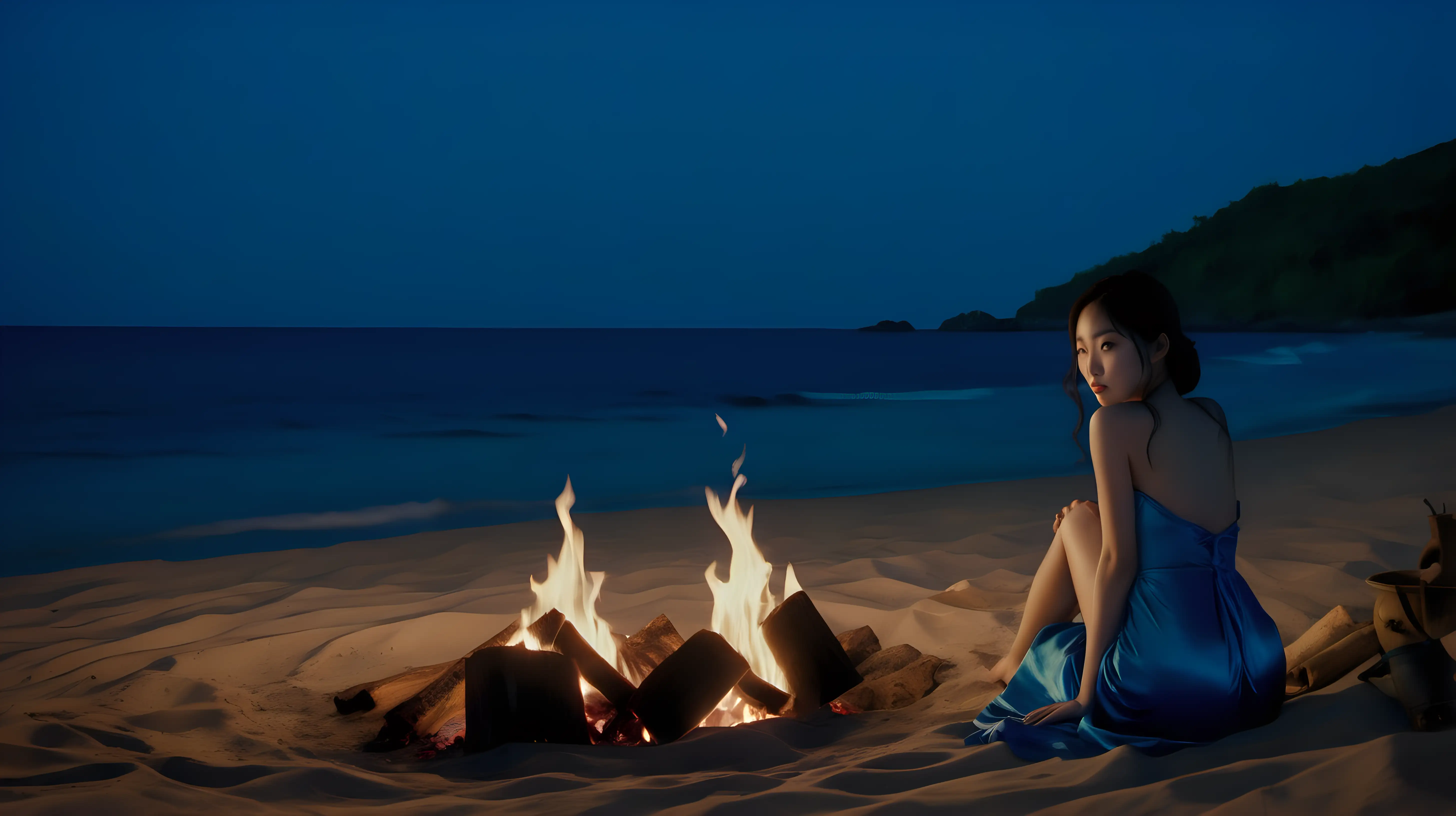 A tropical island beach. The water is blue. There are waves. There is a small camp fire at the far side of the beach. A korean woman at her late 20s sitting alone beside the camp fire. She has full breasts. She is wearing a blue silk dress. The time is at dusk.