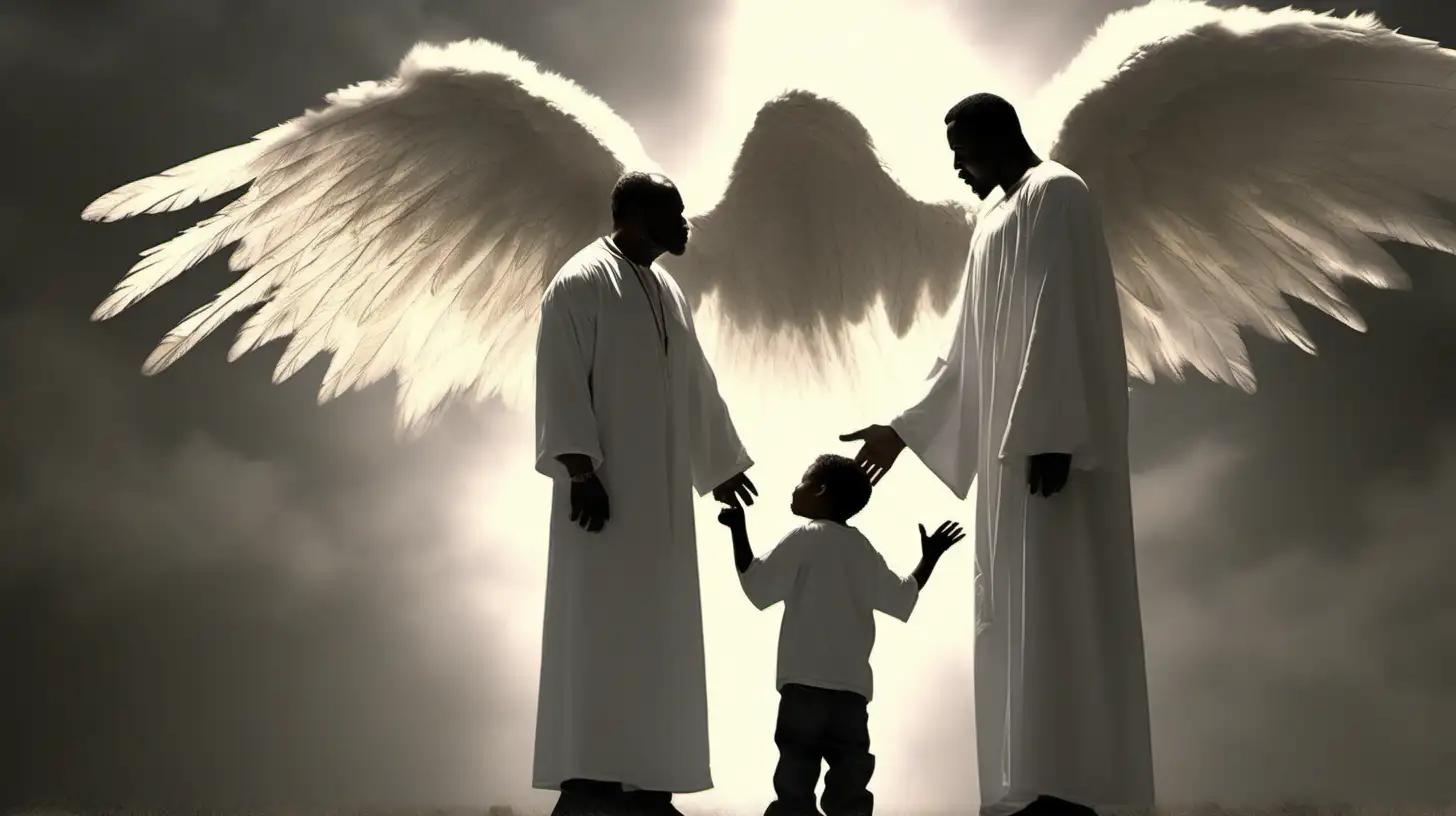 Peaceful Conversation Between Black Father and Son with Guardian Angel