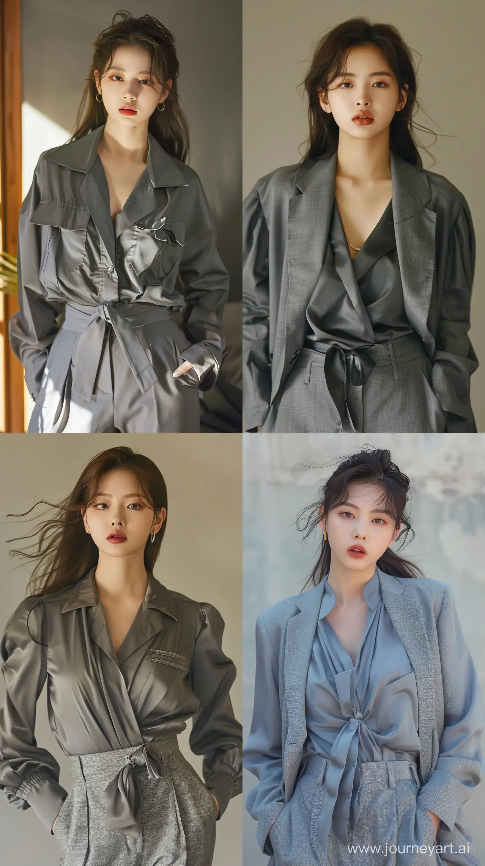A beautiful Asian woman ,wearing grey oversize blouse and grey oversize suit pants a youthful appearance,fujifim shoot, and facial features resembling Blackpink's Jennie. --ar 9:16 --v 6