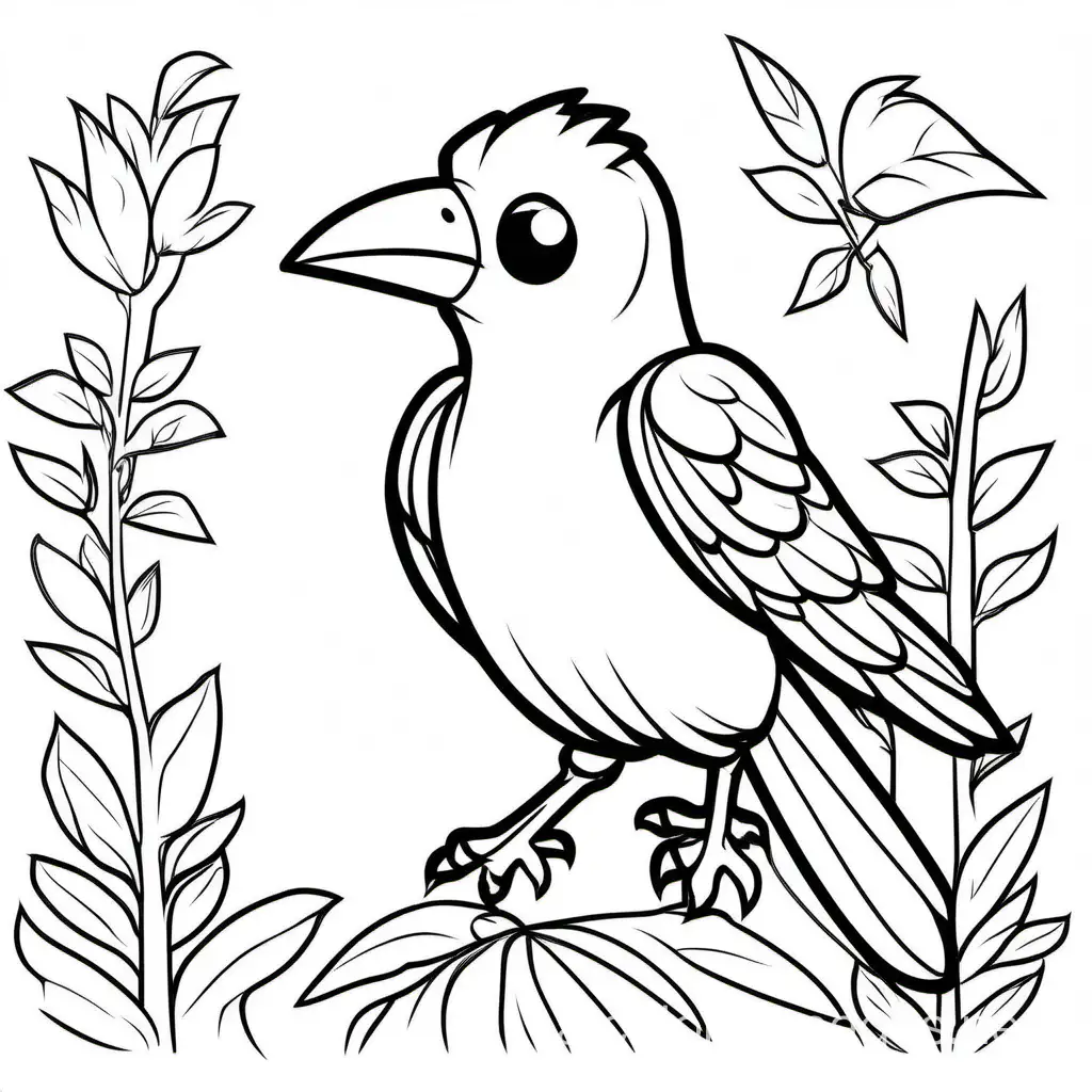 a cute Crow, Coloring Page, black and white, line art, white background, Simplicity, Ample White Space. The background of the coloring page is plain white to make it easy for young children to color within the lines. The outlines of all the subjects are easy to distinguish, making it simple for kids to color without too much difficulty