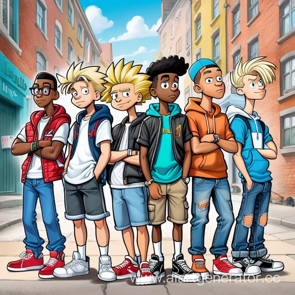 six guys of different nationalities, in street clothes, street backdrop, picture in the style of the cartoon series Hey Arnold