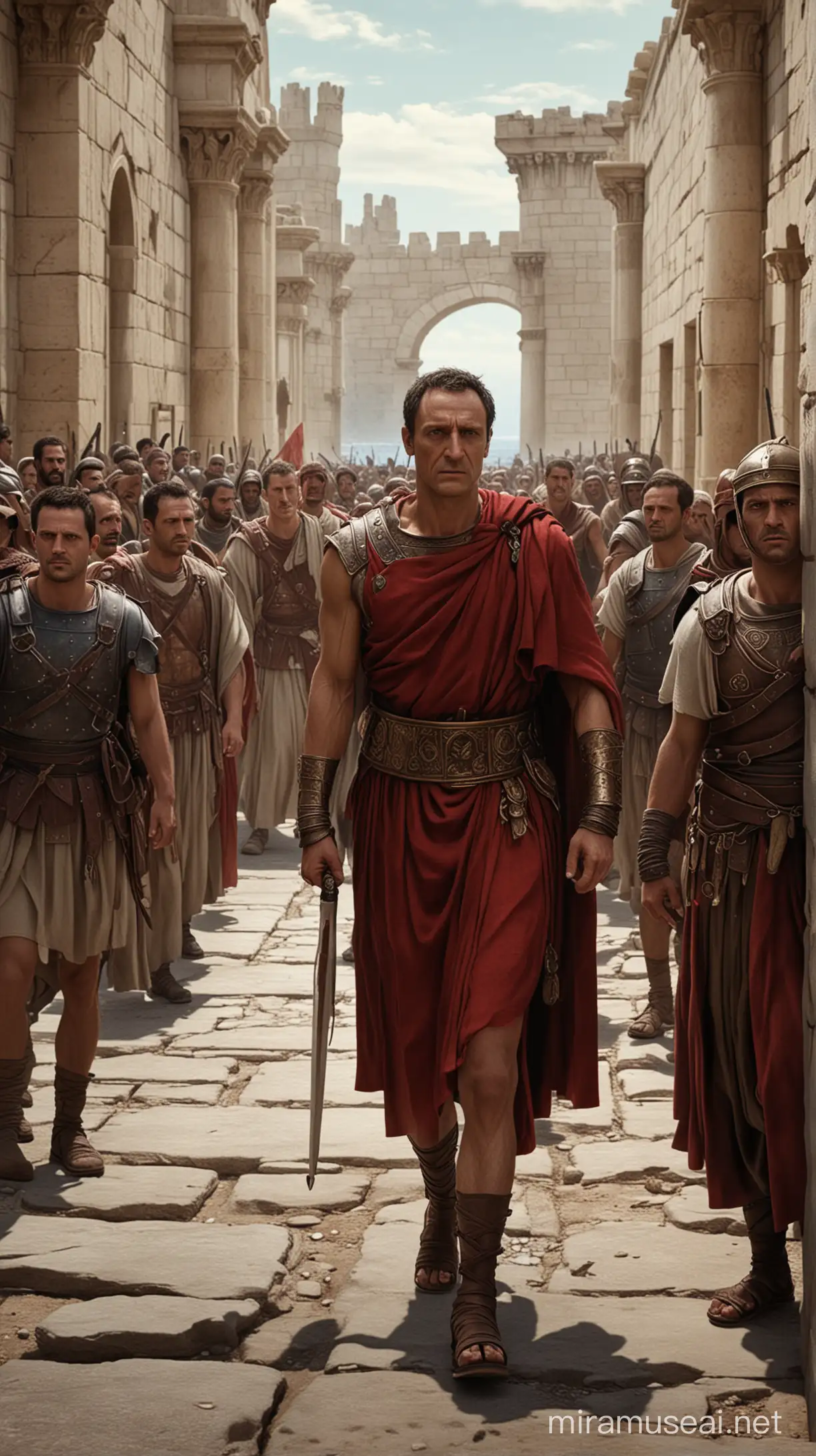 A depiction of Julius Caesar traveling to Rhodes, showcasing the setting of the kidnapping. hyperrealistic