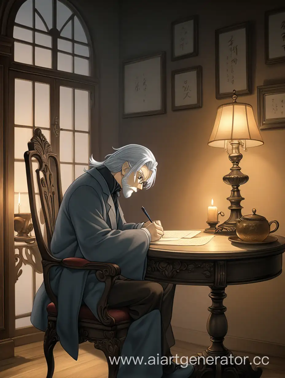 Serene-Anime-Scene-SilverHaired-Man-Writing-a-Letter-by-Warm-Candlelight