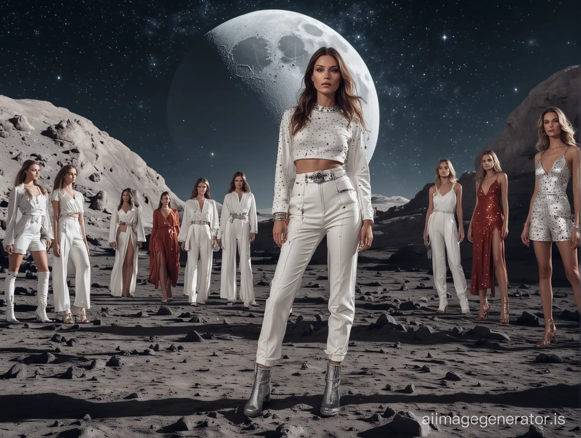 Supermodel fashion show on the moon with stars in the background