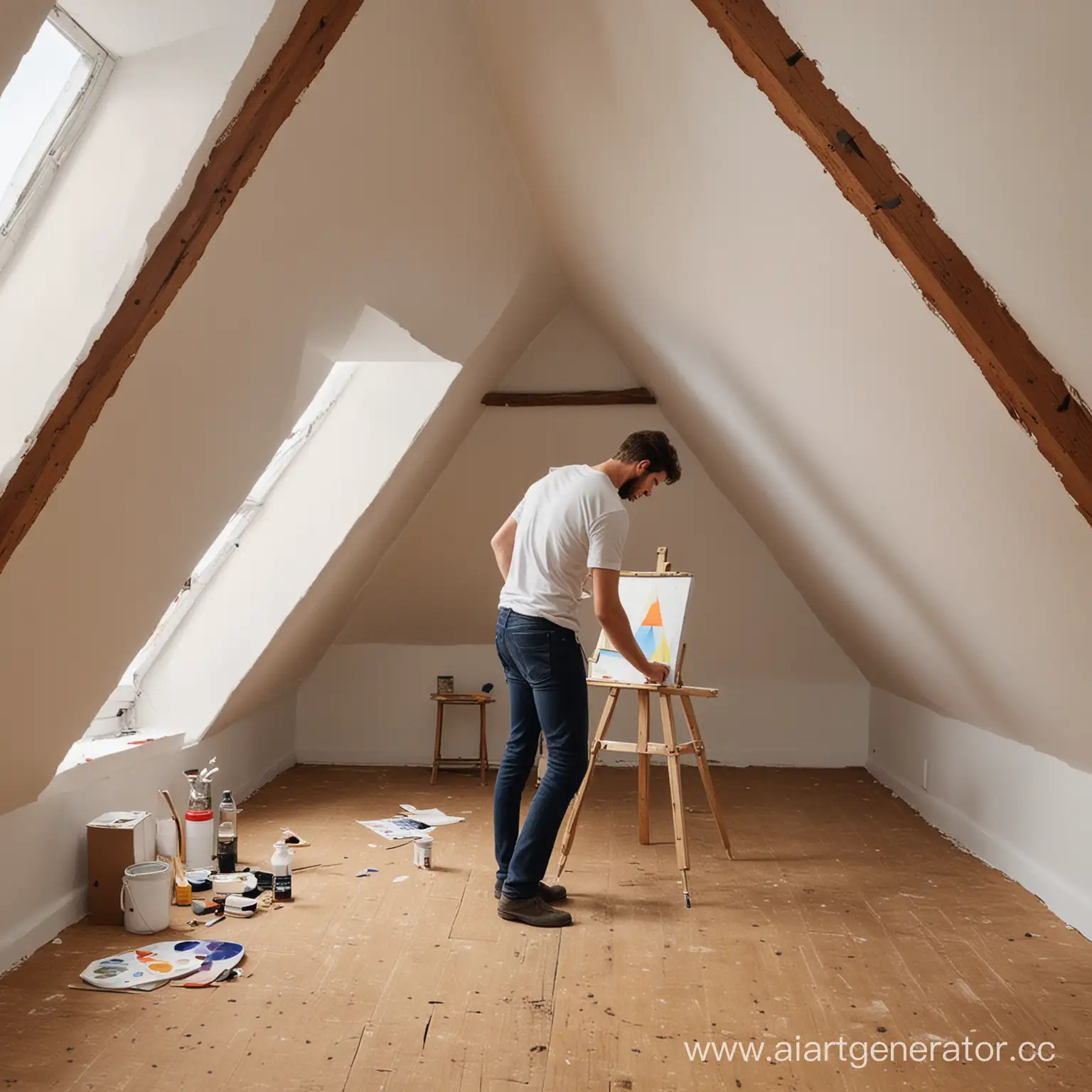 Artist-Painting-in-Triangular-Attic-Studio