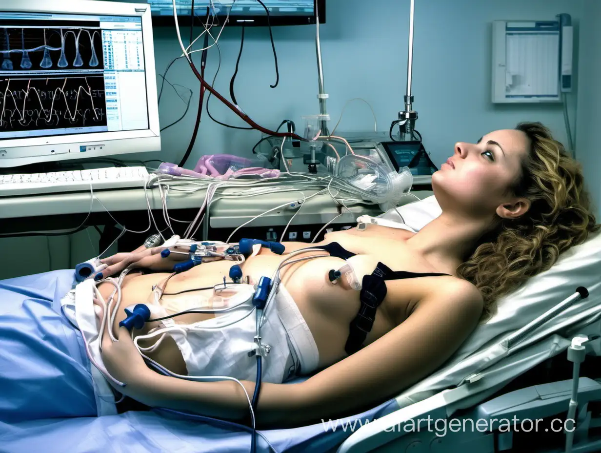 Young adult woman lying on a bed in a medical laboratory. She has an average build. She has a natural body. She is wearing a bra and panties. She has a catheter tube inserted into her bladder. She is connected to an EKG. The EKG electrodes are stuck to her chest and connected to the monitor by wires.