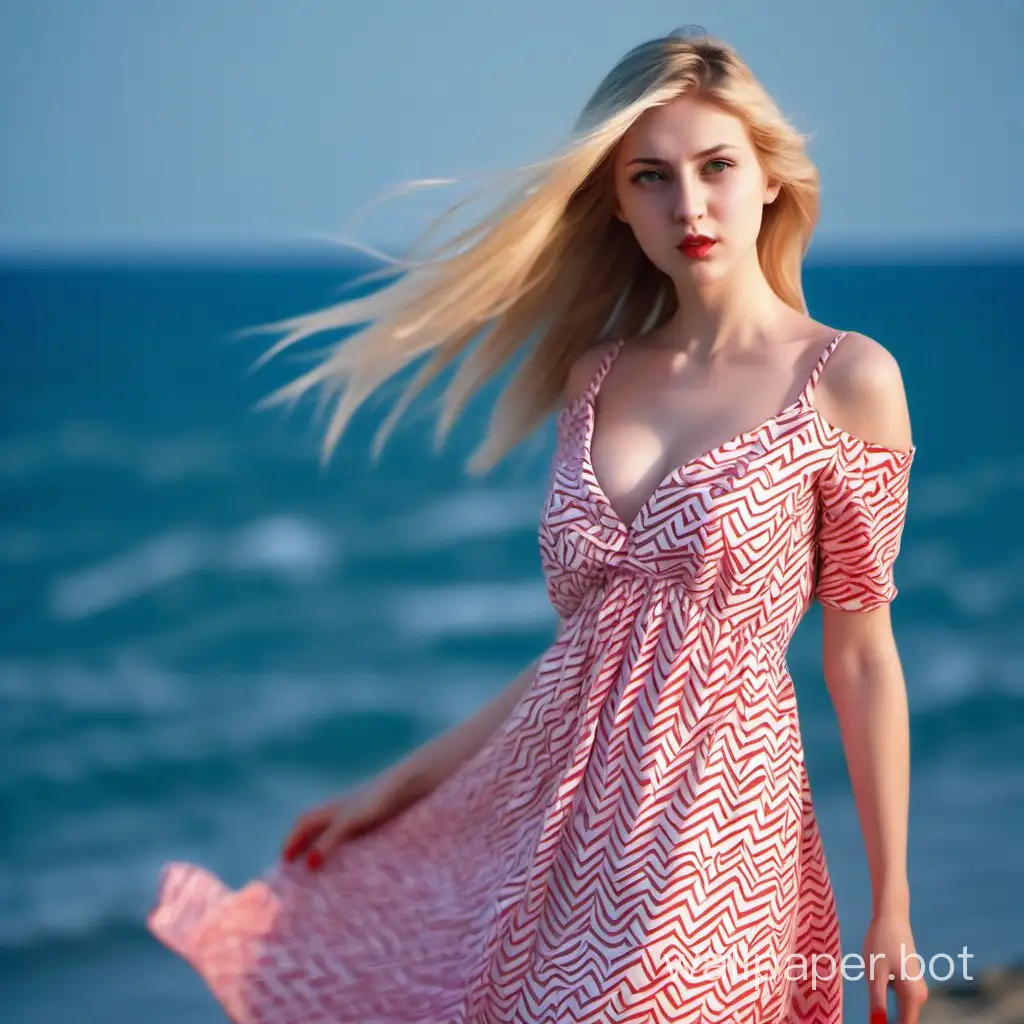 Blonde-Woman-in-Red-and-White-Dress-Posing-on-Empty-Beach