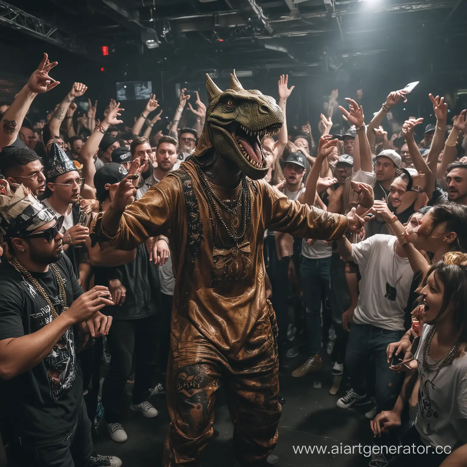 An incredible party in a nightclub, dance, underground club where drum and bass is playing dedicated to the birthday of Jesus, at which he himself is present. His guests are dinosaurs and humans. They are all dressed stylishly and in hip hop style.