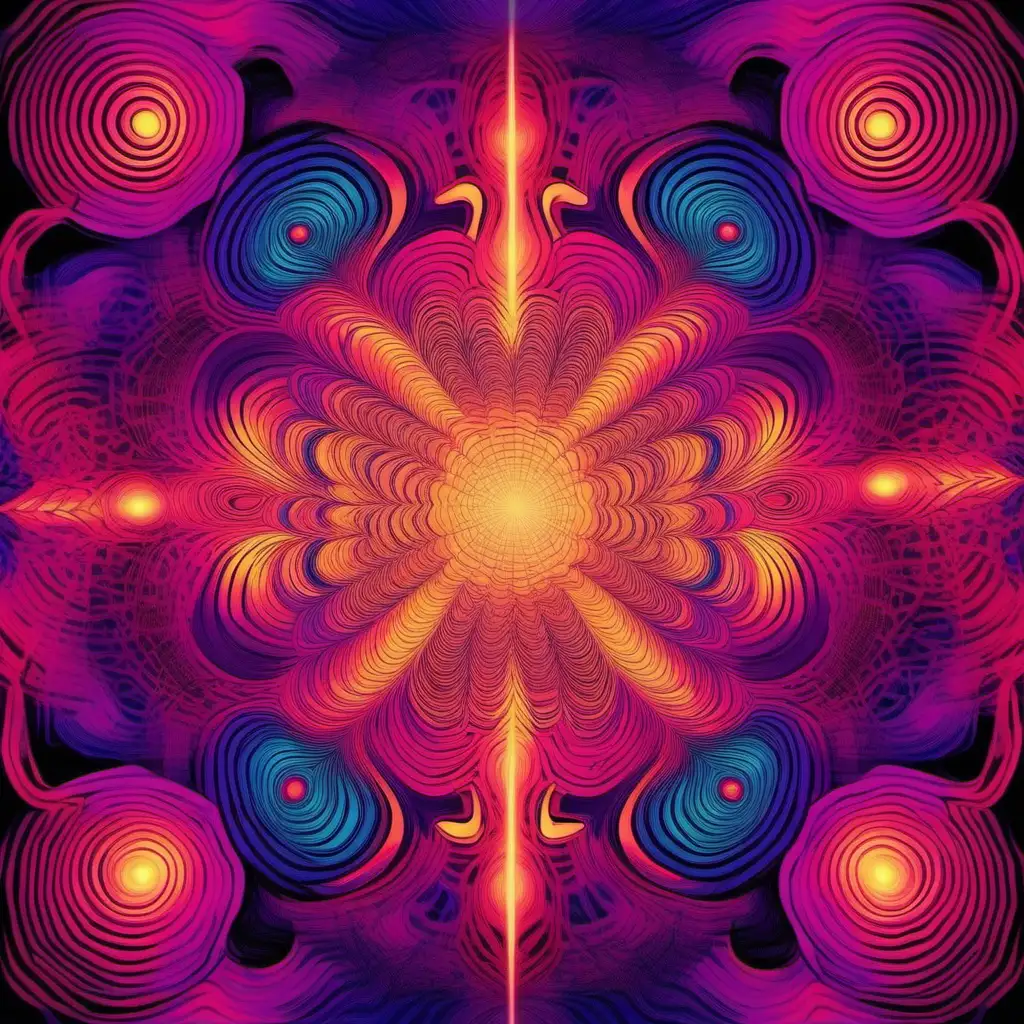 Generate a visually striking psychedelic art image filled with vibrant, bold, and contrasting colors. The canvas should be an explosion of hues and patterns, immersing the viewer in a surreal and otherworldly experience.

Incorporate surreal elements like swirling patterns, fractals, and abstract shapes that seem to dance and morph. Use neon-like colors such as electric blues, fiery oranges, fluorescent pinks, and deep purples. Create a sense of visual depth and movement through optical illusions and mind-bending geometries.

Let the composition evolve dynamically, as if it's a journey through the depths of consciousness and imagination. The artwork should transport the viewer to a realm of vivid and dreamlike experiences.

Feel free to experiment with various digital effects, gradients, and blending techniques to create a piece that is visually mesmerizing and captivating. Capture the essence of the psychedelic experience, which is often associated with altered states of perception and expanded consciousness, through abstract visual art.

The final artwork should be a kaleidoscope of color, shapes, and patterns, inviting viewers to explore the boundaries of reality and the infinite possibilities of the mind.