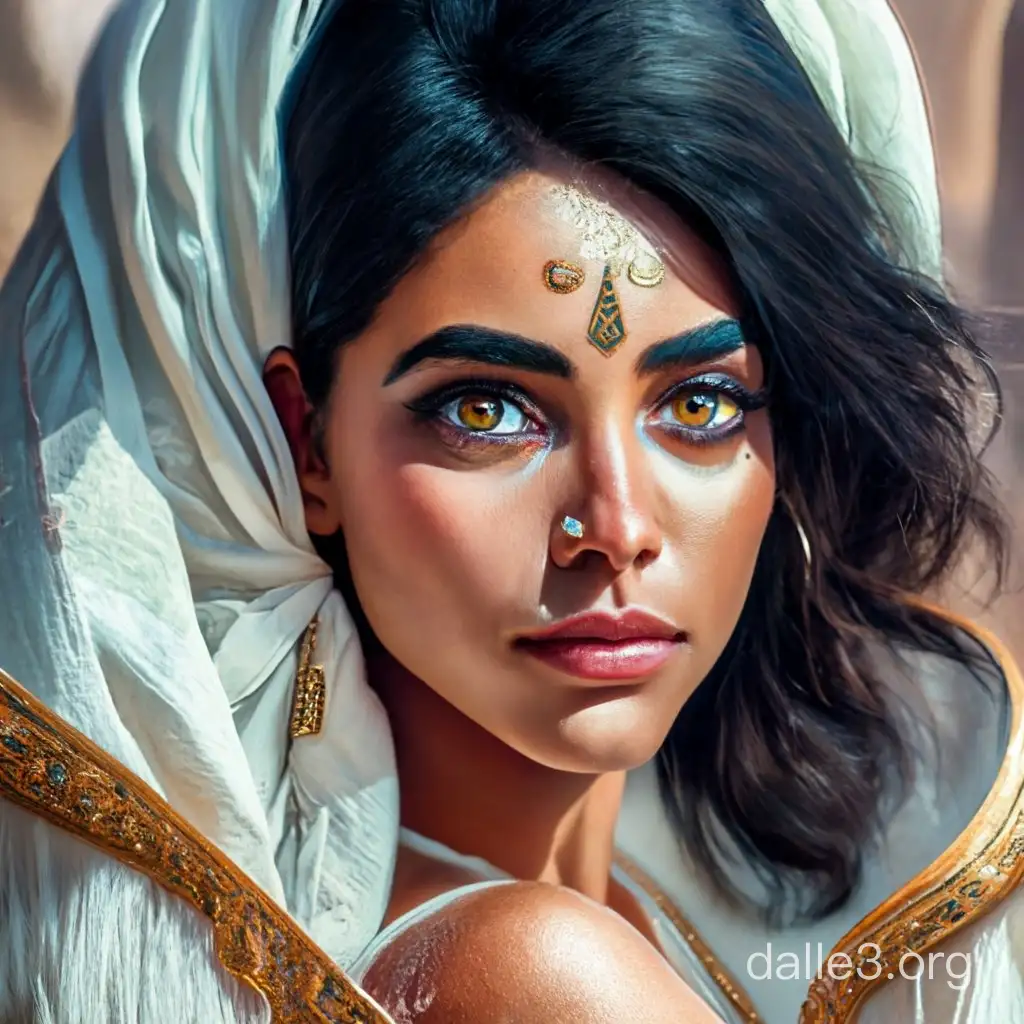 Lady of the Arab desert, black hair develops, large beautiful eyes, long eyelashes, hugs a handsome Arab, passion, Arabian desert, a lot of white, white top and bloomers of an Arab dancer, navel, decorations, glare, jelly textures, emphasis on the eyes, look at the viewer, magic, high detail, clear focus, bright diffused light, ultra-realistic, spectacular lighting, 64k