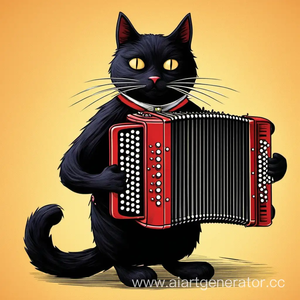 черный кот играет на аккордеоне