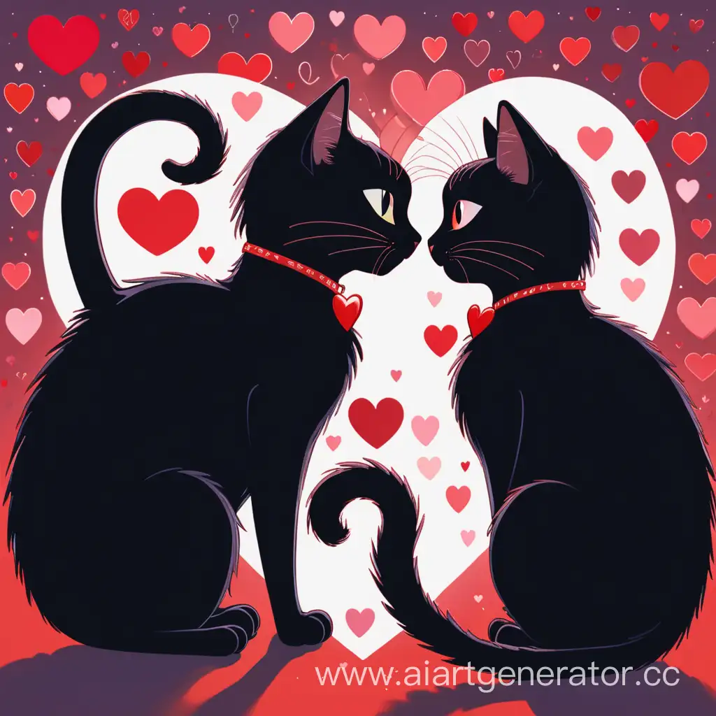 Две черные влюбленные кошки смотрят друг на друга. Их длинные хвосты переплетаются в форму сердца над их головами. На фоне много маленьких красных сердец, которые ярко светятся. 