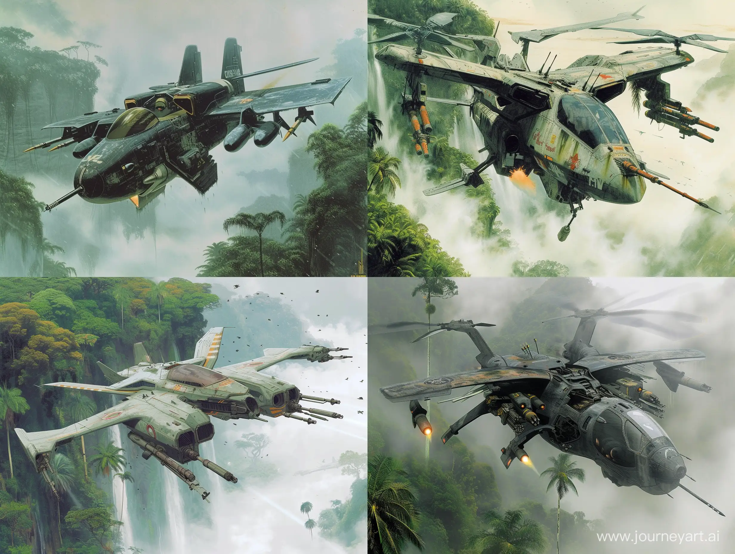 Futuristic-Military-Gunship-Soaring-Through-Misty-Jungle-Chris-Foss-Inspired-Retro-SciFi-Art