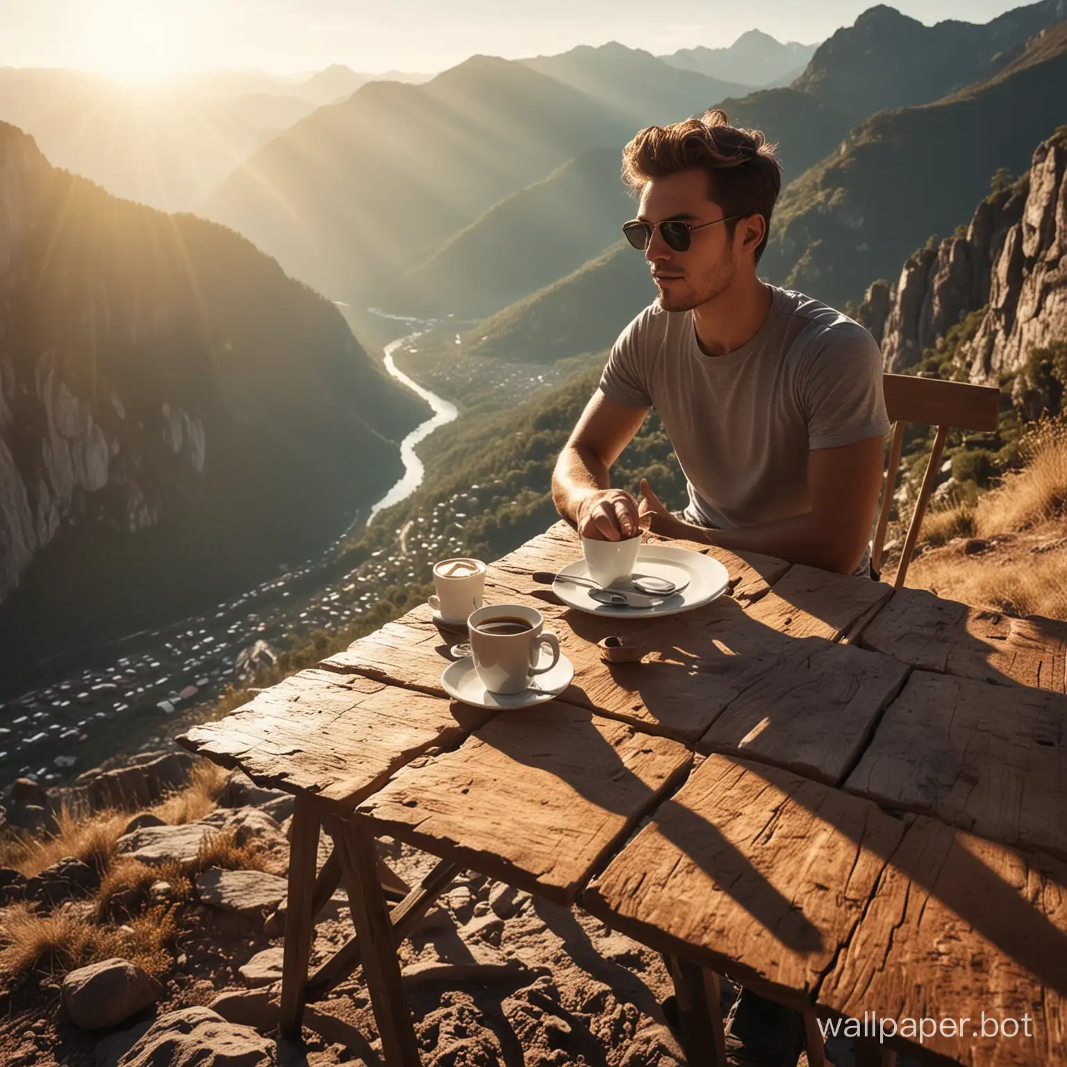 一个青年男人坐在山上，清晨光线，特写，旁边有张桌子，上面放着咖啡，戴着墨镜，美丽的风景，阴影，错综复杂的细节，复杂细节，超高清，电影感