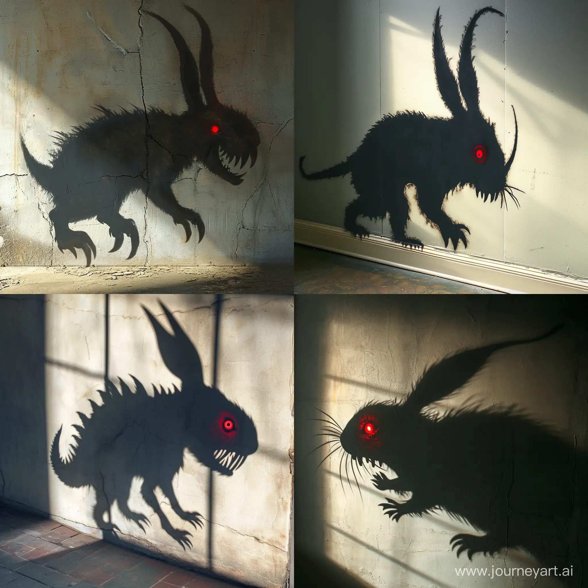 тень саблезубого зайца на стене с красным глазом