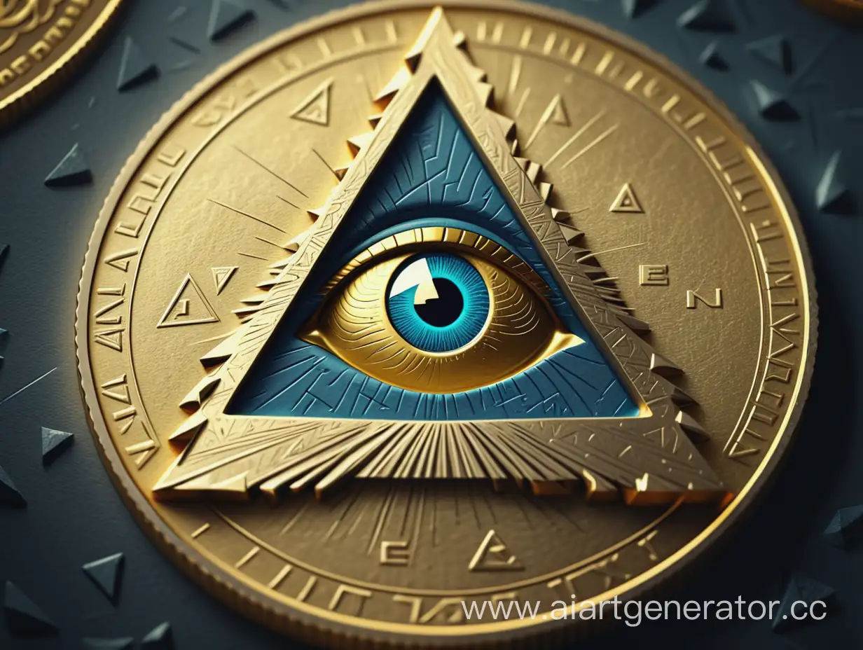 Golden-Allseeing-Eye-Coin-on-Abstract-Background-in-4K