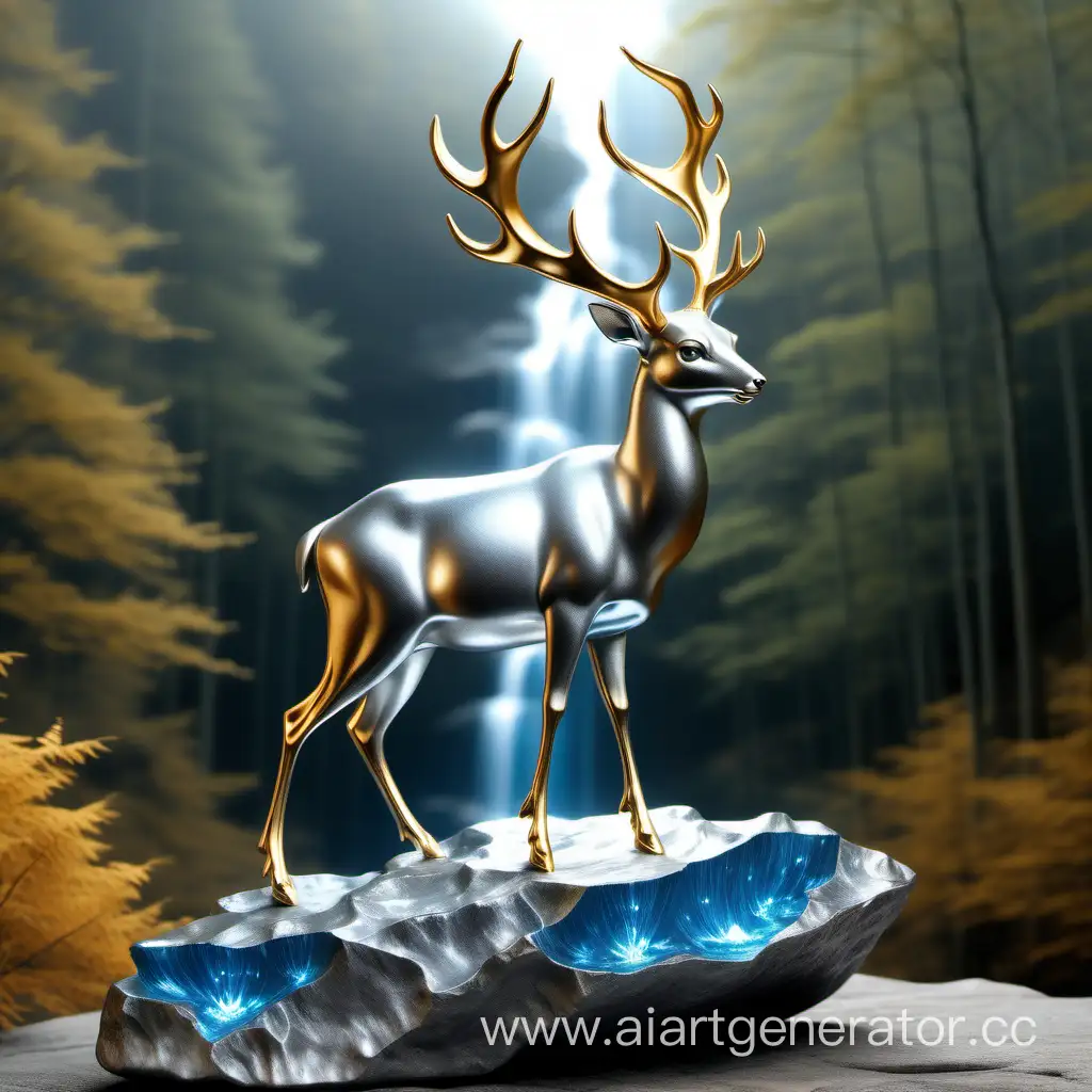 Majestic-GoldenHorned-Deer-on-Silver-Rock-with-Flowing-Metallic-Streams