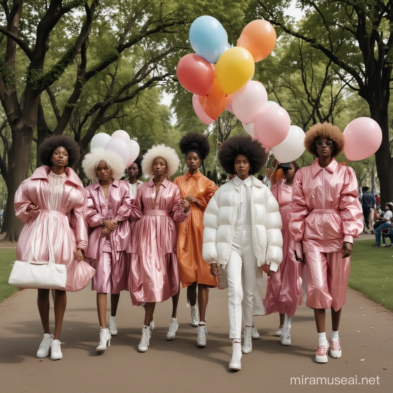 Show me a Balenciaga ad campaign with adults in a park playing like children with balloons. The adults are diverse (afros, whites, Asians, etc.) and are dressed in Balenciaga.