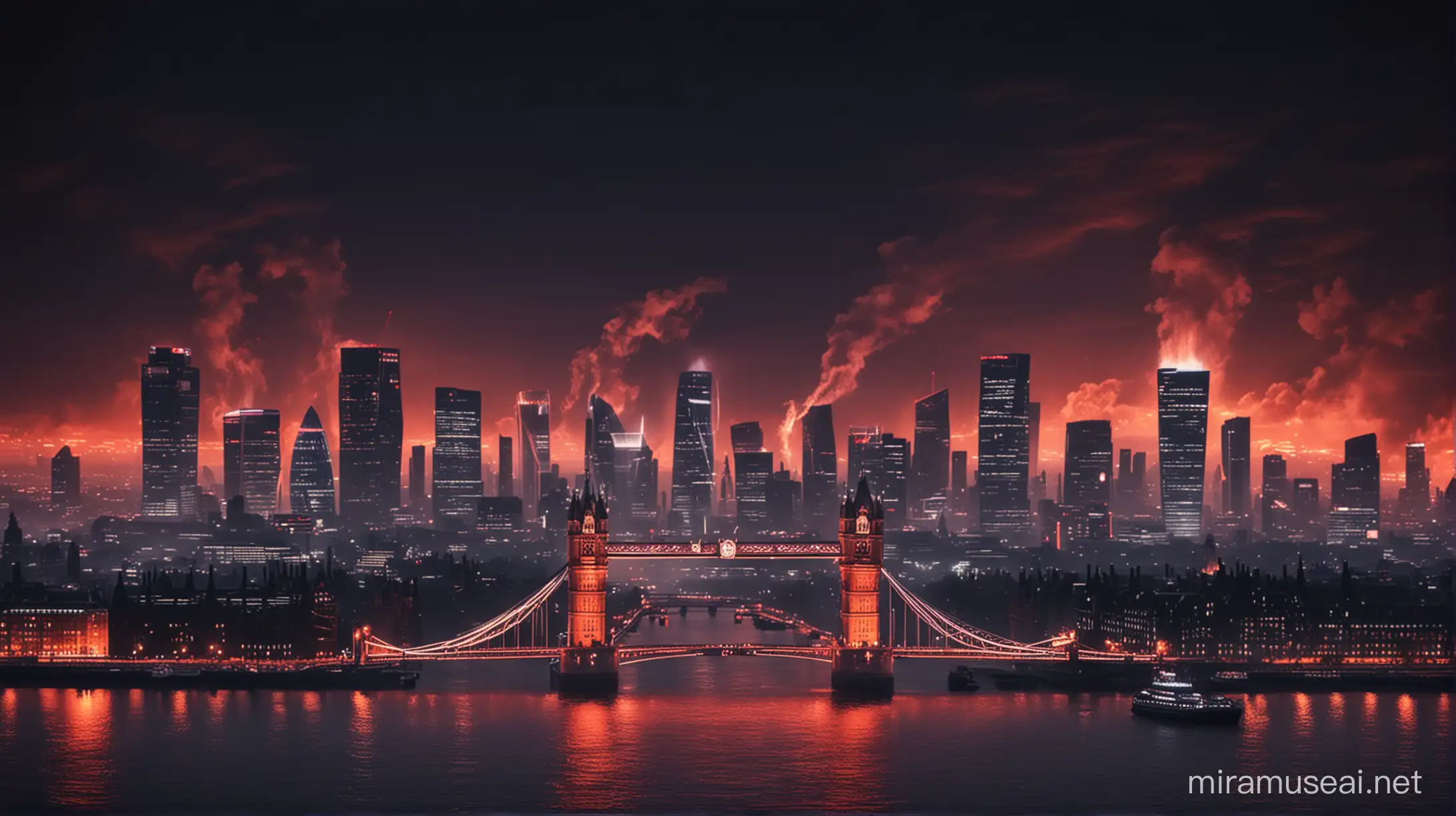 ultra realistic NEON fire color london SKYLINE WITH dark CINEMATIC LIGHTING