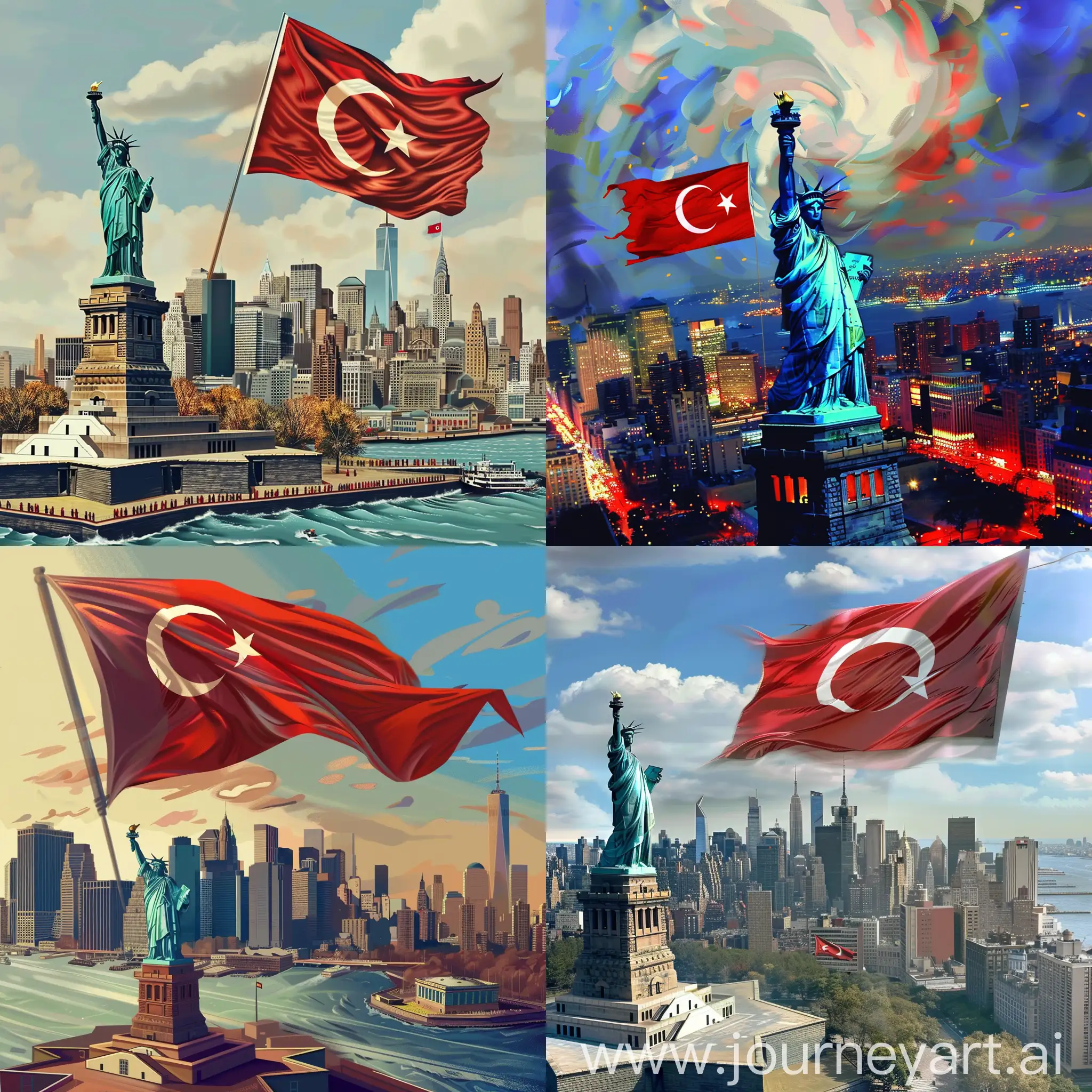 Draw a picture of New York City where Turks are the majority and New York City is in Turkey, with the Turkish flag waving at the Statue of Liberty.
